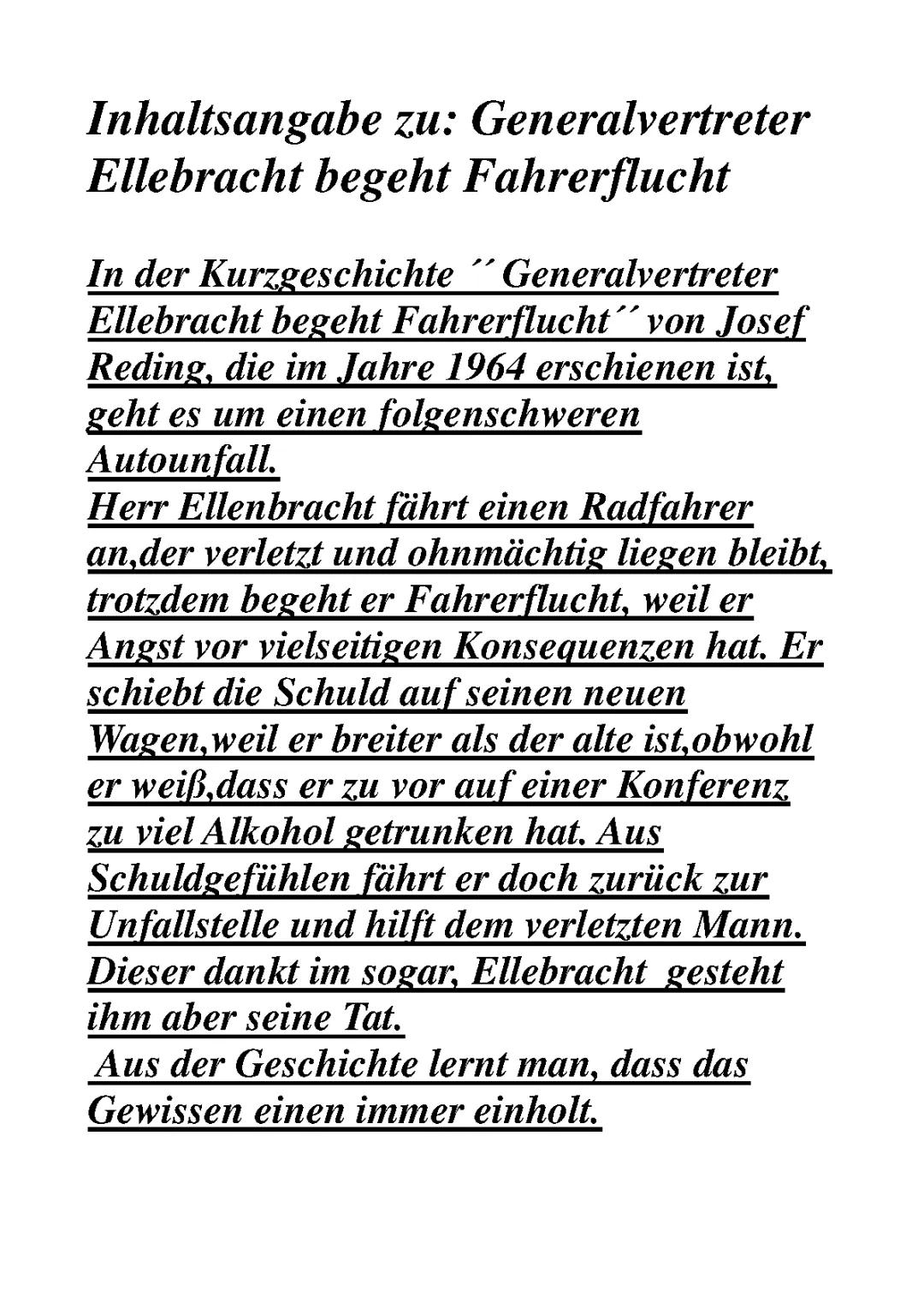 Generalvertreter Ellebracht begeht Fahrerflucht - Josef Reding Kurzgeschichte Interpretation und Arbeitsblatt