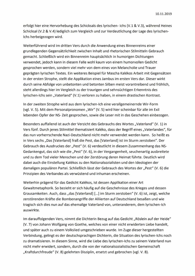 10.11.2019
Emigranten Monolog- Mascha Kaléko
Das Gedicht ,,Emigranten Monolog" von Mascha Kaléko, veröffentlich 1945 in der Epoche
der Exil-