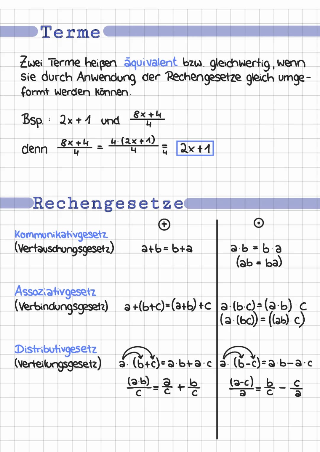 Terme, Rechengesetze, Rechnen mit Termen