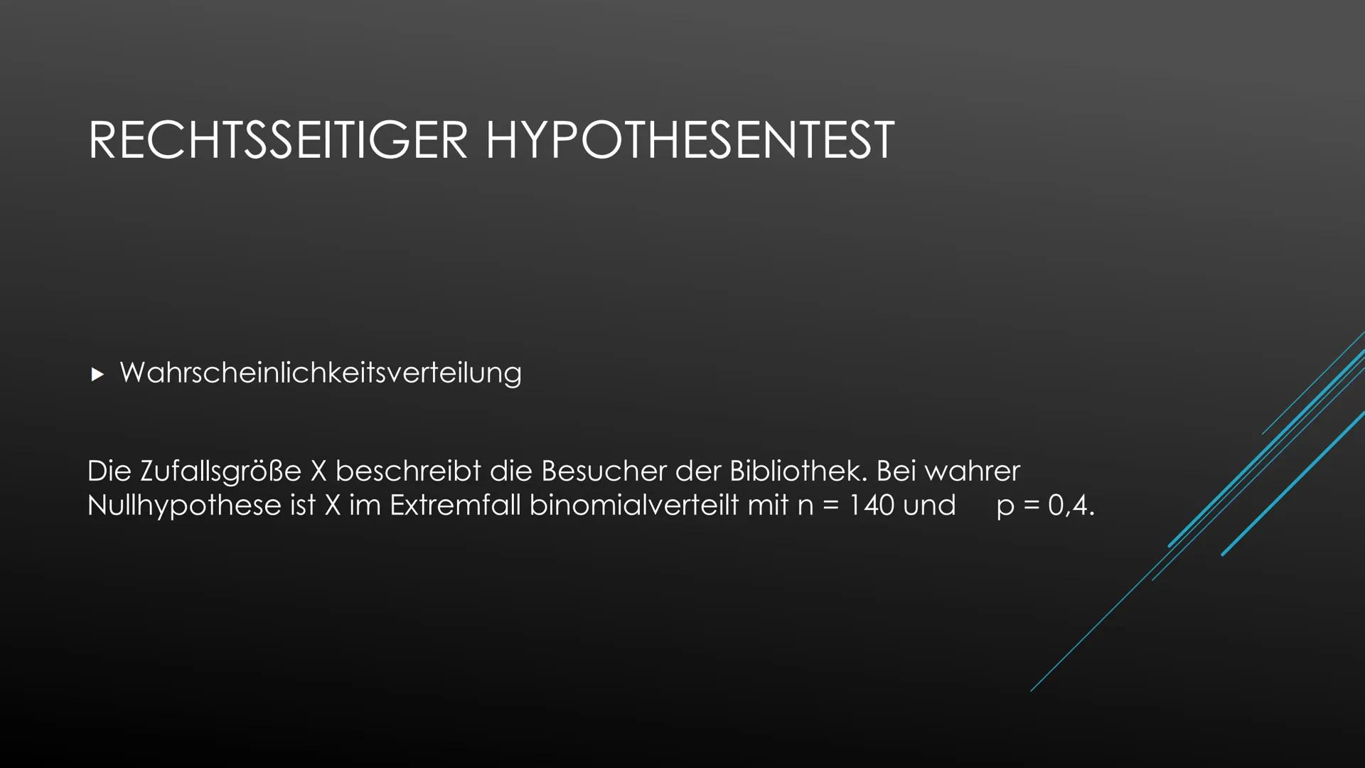 Einseitiger Hypothesentest
Die Stadt schätzt, dass höchstens 40% der Einwohner die Stadtbücherei nutzen. Die Bücherei meint
jedoch, es seien