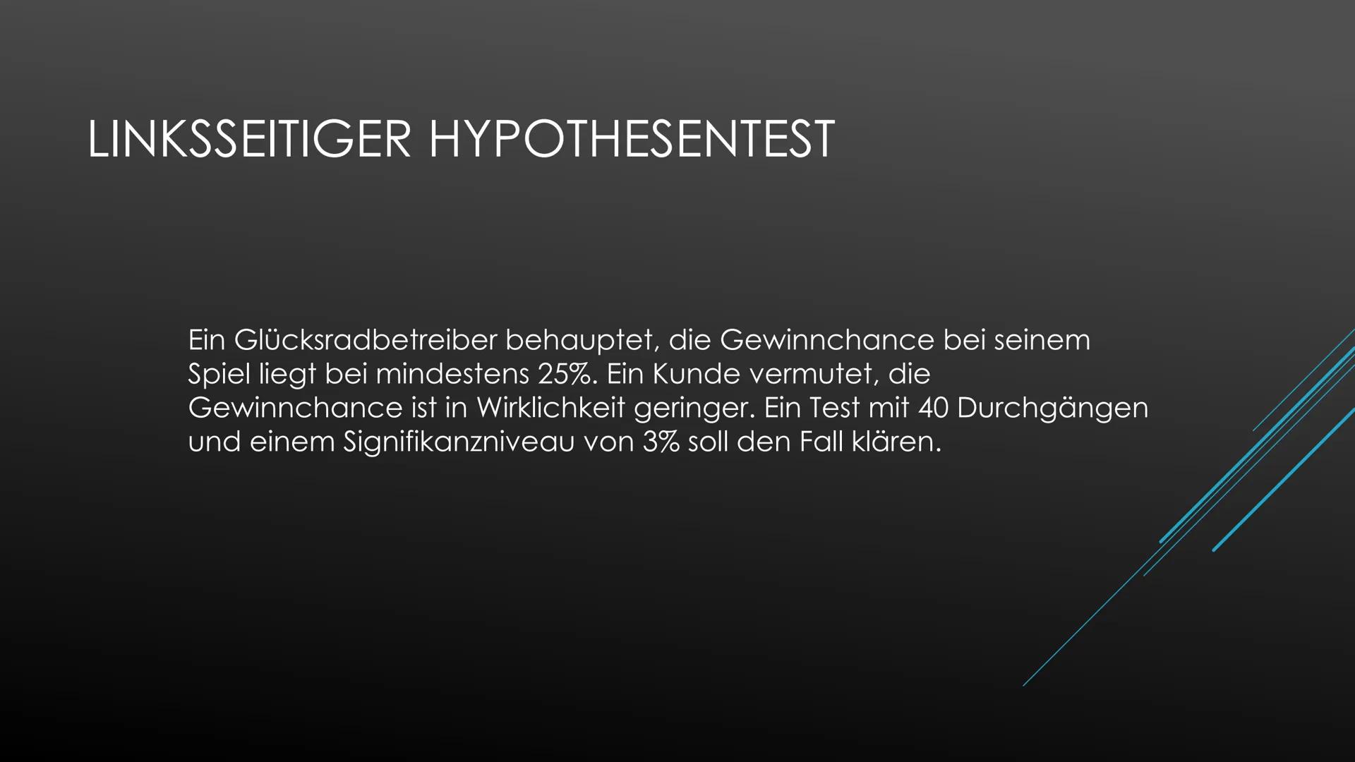 Einseitiger Hypothesentest
Die Stadt schätzt, dass höchstens 40% der Einwohner die Stadtbücherei nutzen. Die Bücherei meint
jedoch, es seien