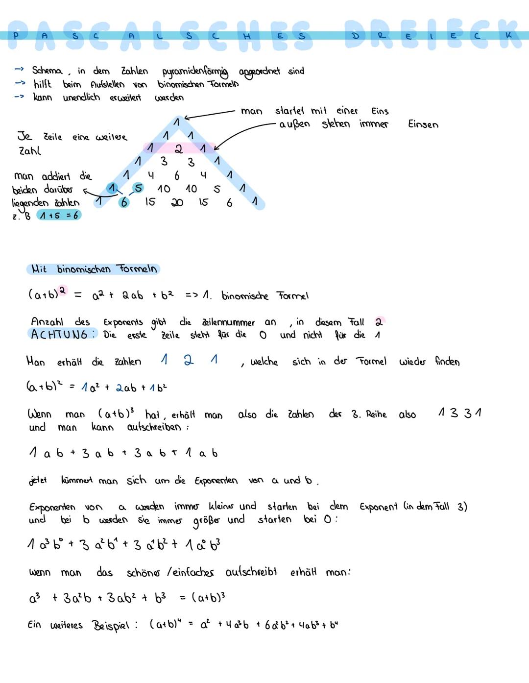 PASCALSCHES BREIECK
-> Schema, in dem Zahlen pyramidenförmig angeordnet sind
-hilft beim Aufstellen von binomischen Formeln
-> kann unendlic