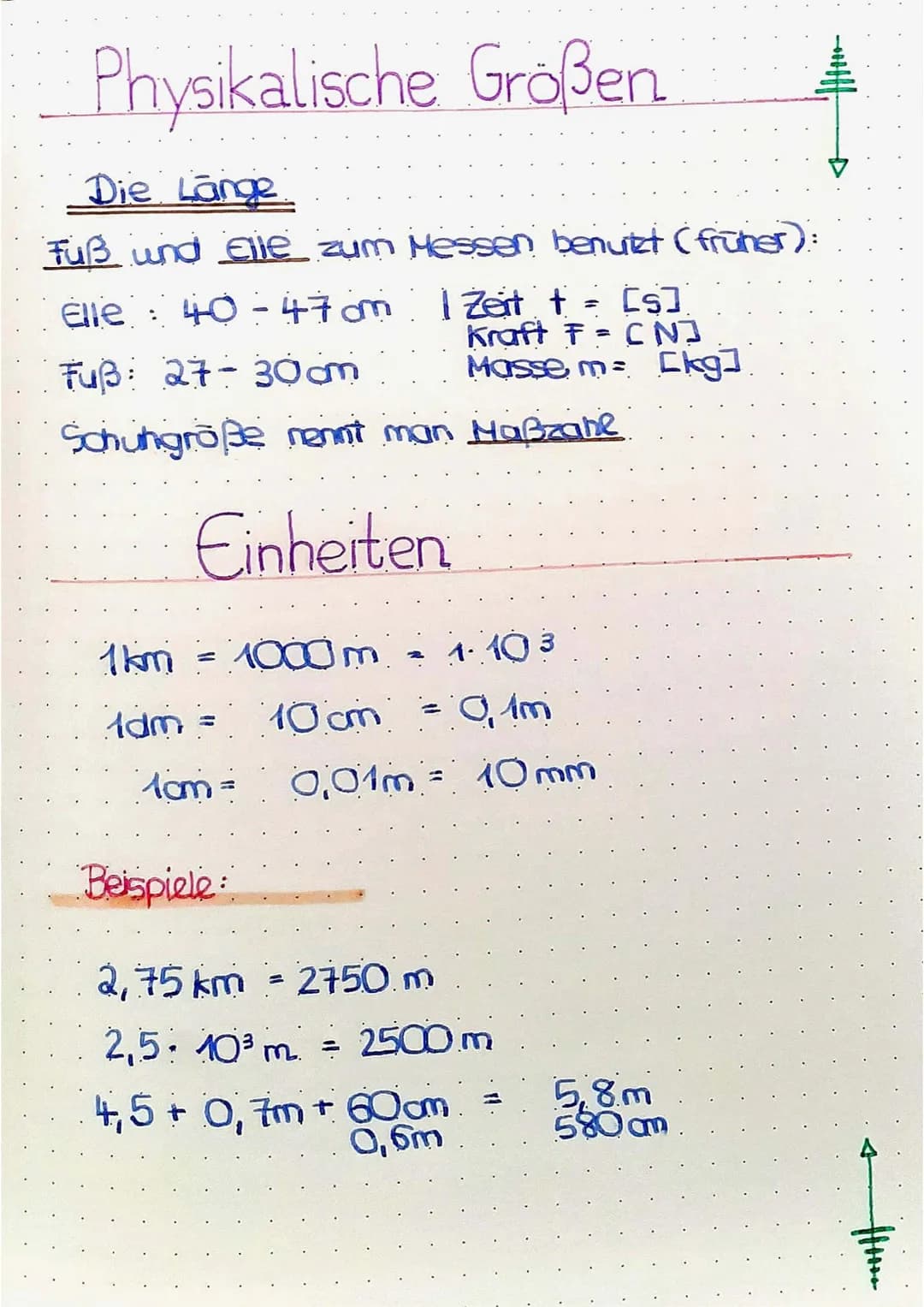 Physikalische Größen
Die Länge
Fuß und Elle zum Messen benutzt (früher):
Elle : 40 - 47 cm
|
1
Zert t
Zeit + = [s]
Kraft F = CNJ
Masse m= [k