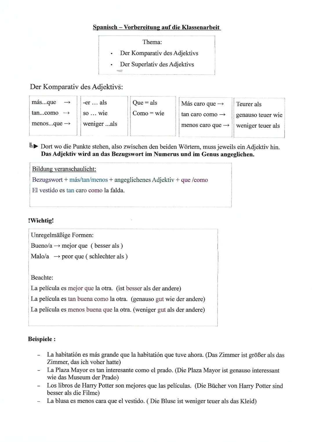 más...que
tan...como →
menos...que →→→→
Der Komparativ des Adjektivs:
-er...
als
so ... wie
weniger ...als
Spanisch - Vorbereitung auf die K