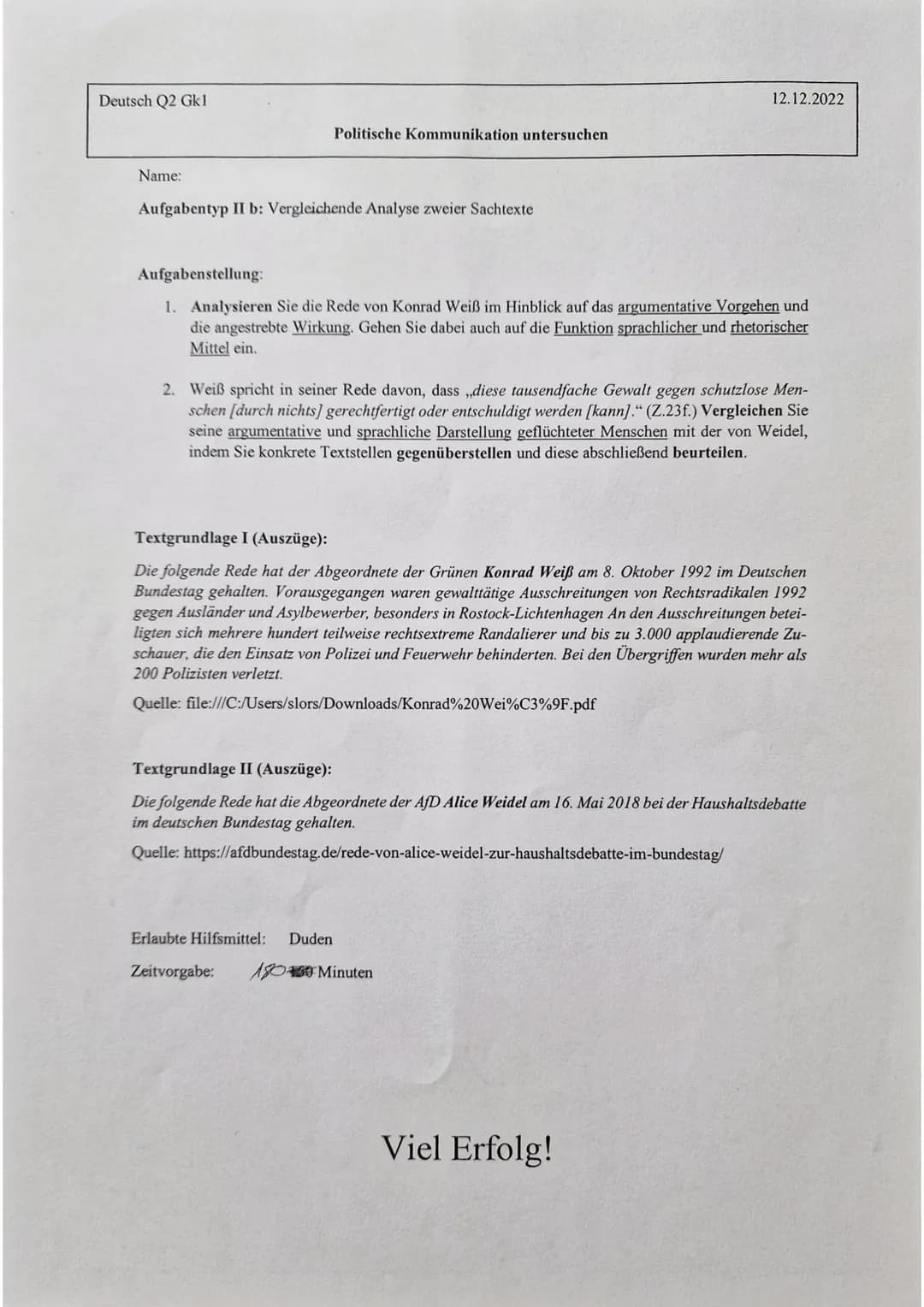 Deutsch Q2 Gk1
Name:
Politische Kommunikation untersuchen
Aufgabentyp II b: Vergleichende Analyse zweier Sachtexte
Aufgabenstellung:
1. Anal