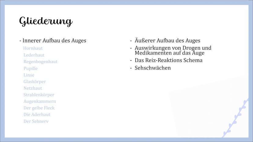 Sinnesorgan Auge
von Angelina, Michelle und Femke Gliederung
- Innerer Aufbau des Auges
Hornhaut
Lederhaut
Regenbogenhaut
Pupille
Linse
Glas