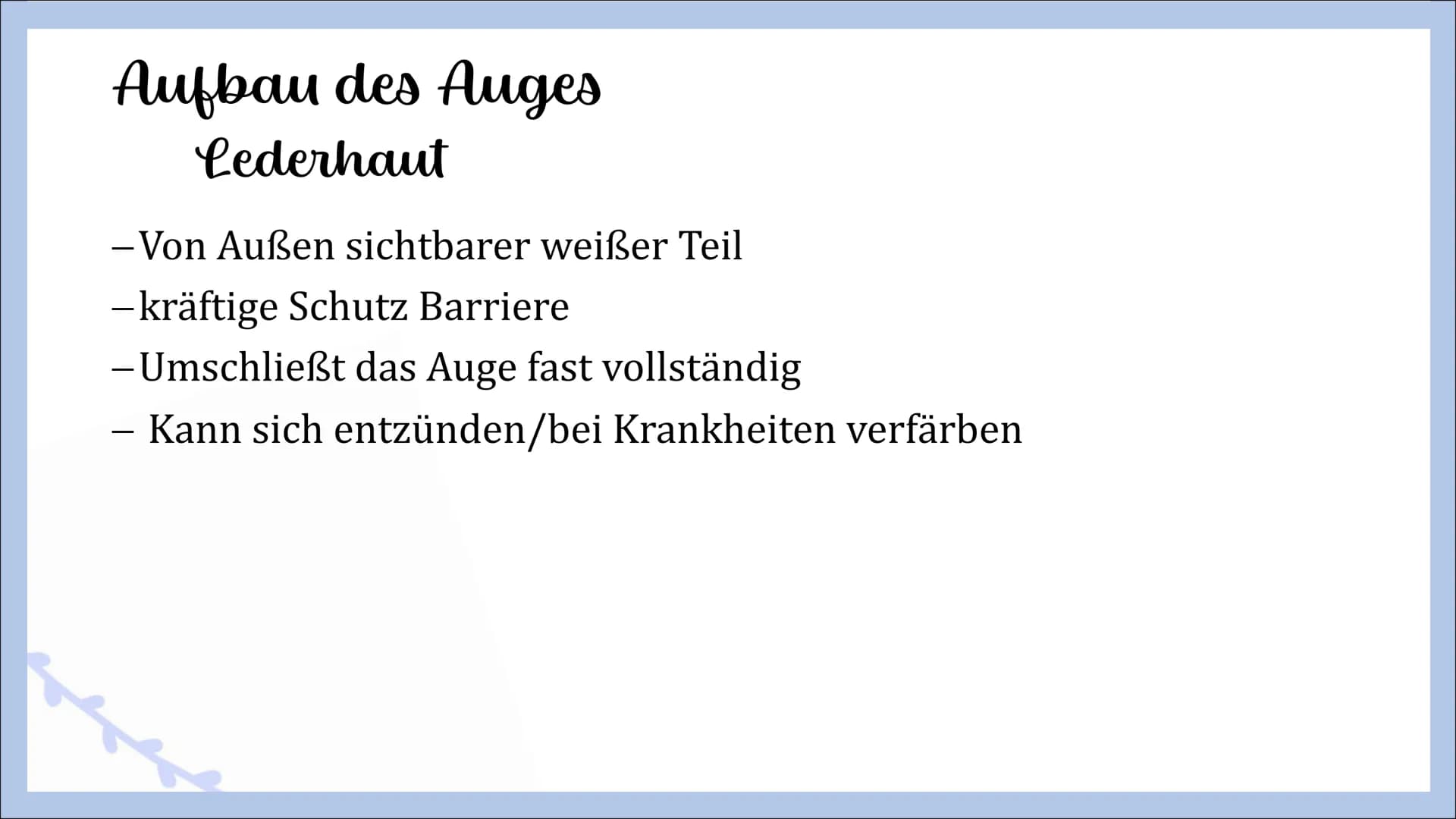 Sinnesorgan Auge
von Angelina, Michelle und Femke Gliederung
- Innerer Aufbau des Auges
Hornhaut
Lederhaut
Regenbogenhaut
Pupille
Linse
Glas