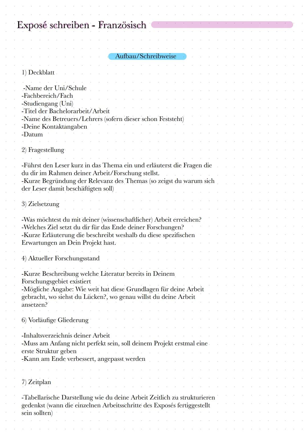 Exposé schreiben - Französisch
1) Deckblatt
-Name der Uni/Schule
-Fachbereich/Fach
-Studiengang (Uni)
-Titel der Bachelorarbeit/Arbeit
Aufba