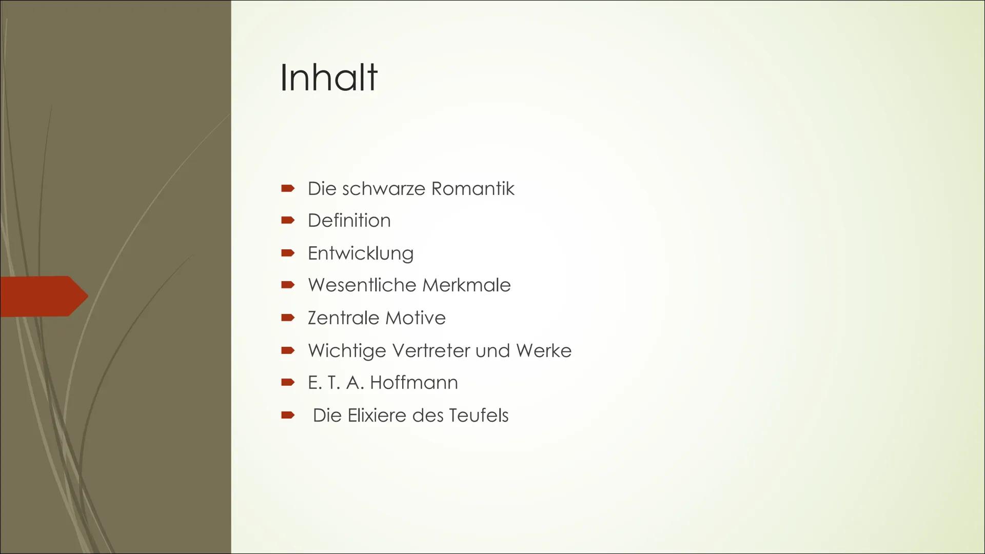 # Schwarze Romantik

Die dämonische Epoche # Inhalt

► Die schwarze Romantik

■ Definition

► Entwicklung

► Wesentliche Merkmale

► Zentral