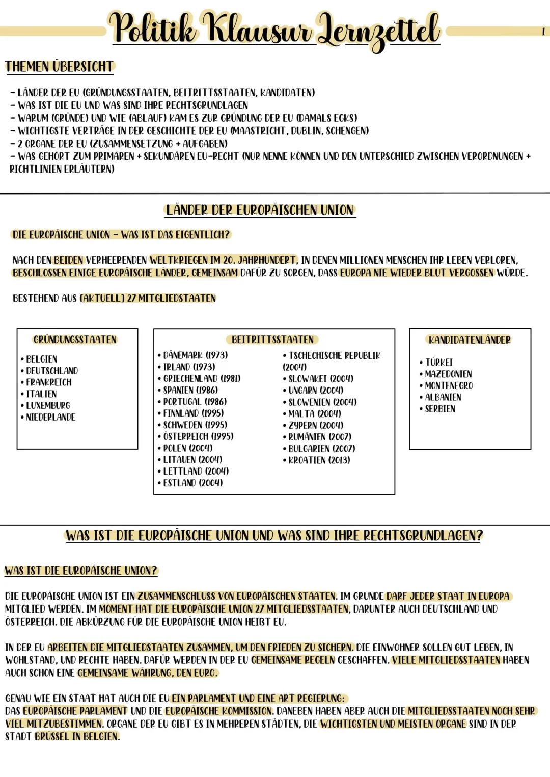 # Politik Klausur Lernzettel

THEMEN ÜBERSICHT

- LANDER DER EU (GRÜNDUNGSSTAATEN, BEITRITTSSTAATEN, KANDIDATEN)
- WAS IST DIE EU UND WAS SI