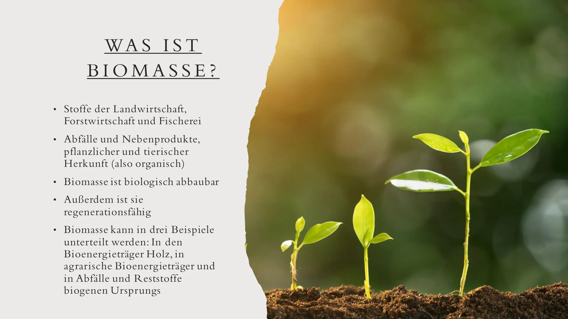 BIOMASSE INHALTSVERZEICHNIS
• Was ist Biomasse?
Allgemeine Fakten
●
Rohstoffgewinnung
Energiegewinnung
• Arten der Nutzung
●
• Vorteile
●
●
