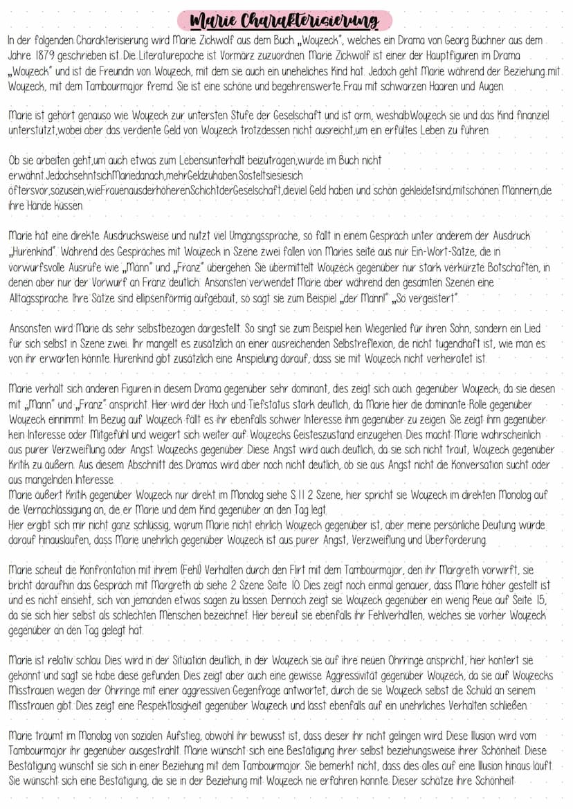 Marie Charakterisierung
-ist Mutter.
-wirkt aufgeschlossen.
-ist mit Woyzeck verheiratet
-hat trotzdem Augen für andere Männer
->Tambourmajo
