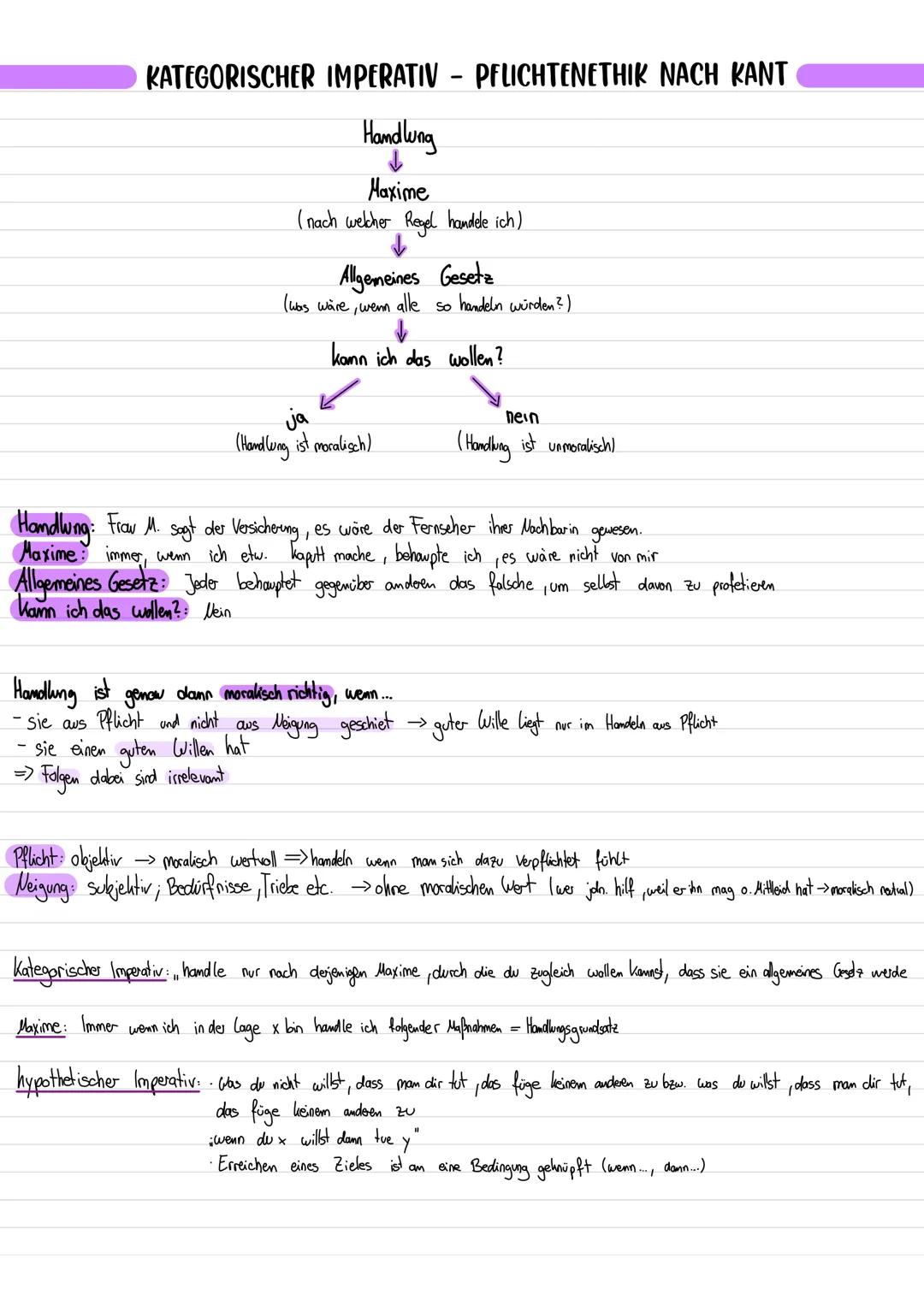 # KATEGORISCHER IMPERATIV - PFLICHTENETHIK NACH KANT

Handlung

↓

Maxime

(nach welcher Regel handele ich)

↓

Allgemeines Gesetz

(was wär