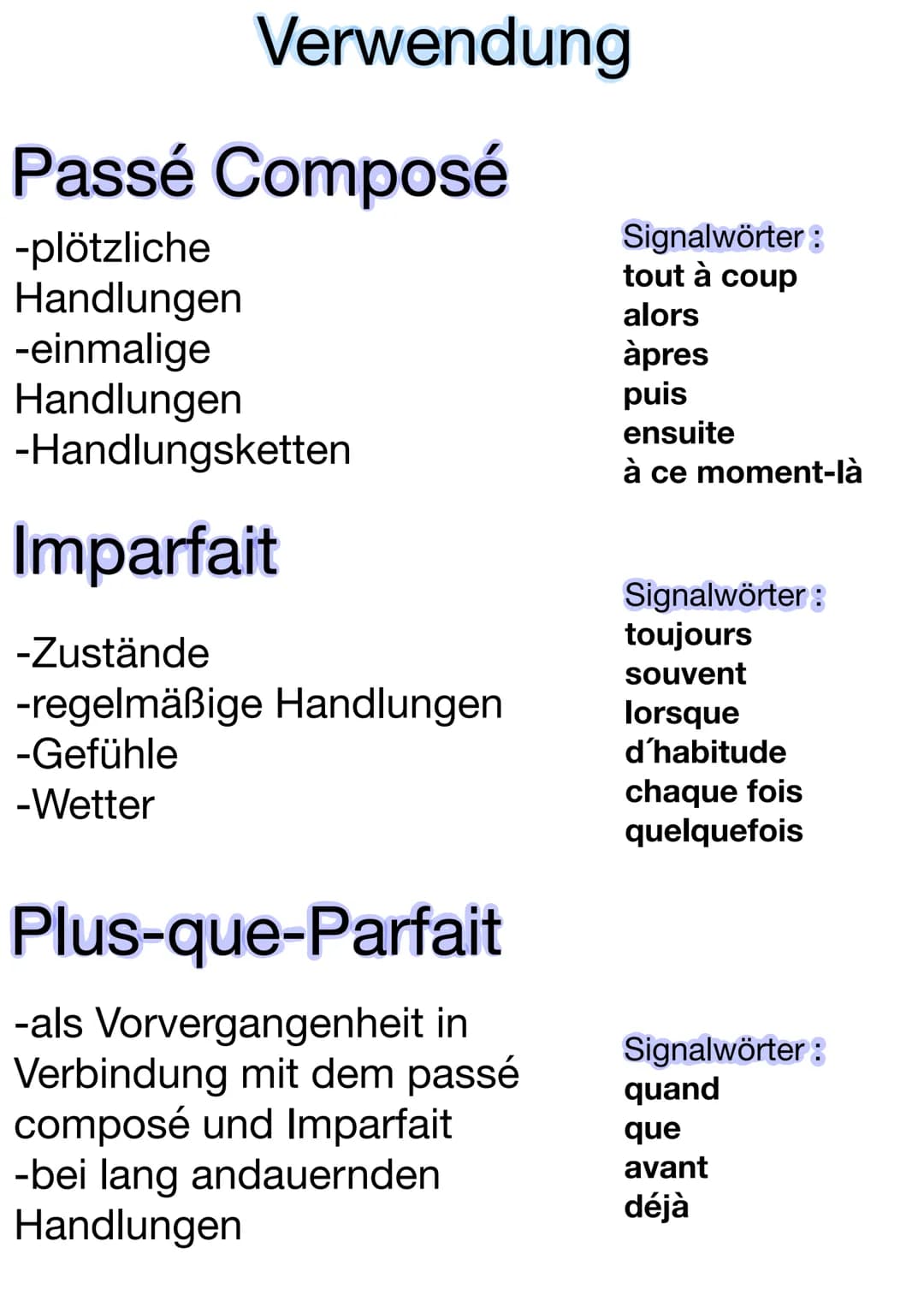 Passé Composé
Bildung: avoir + participe passé
ľ ai
tu
as
il
a
(Präsens)
nous avons
vous avez
ils ont
(Präsens)
ľ suis
tu
il
es
oder
Bildung