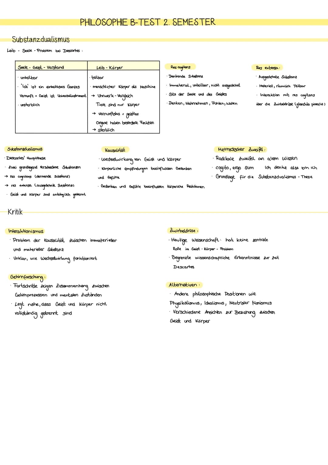 Substanzdualismus
Leib Seele - Problem bei Descartes:
Seele Geist- Verstand
PHILOSOPHIE B-TEST 2. SEMESTER
unteilbar
'Ich' ist ein einheitli