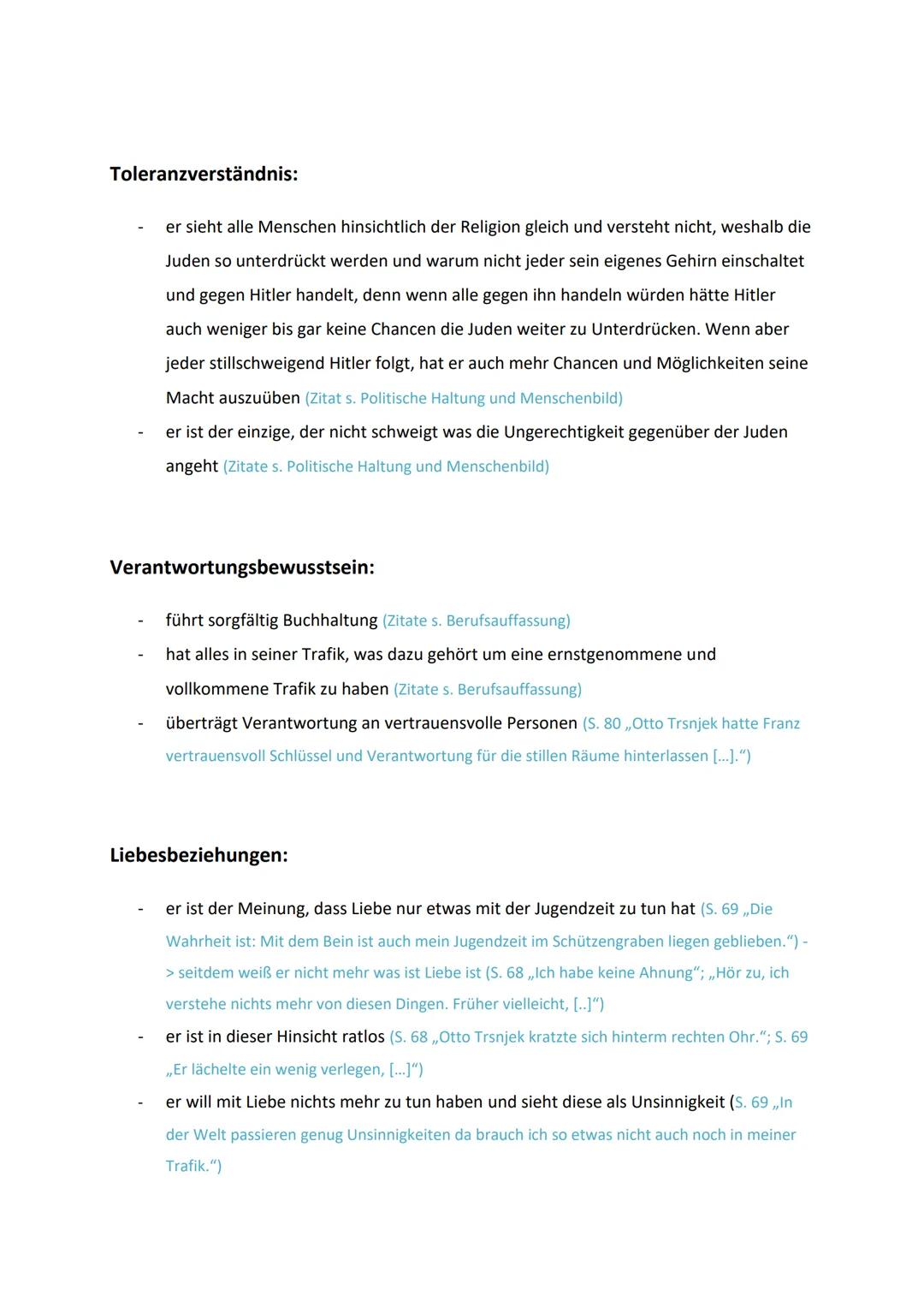 # Otto Trsnjek charakterisieren - Zitate
AB Aufgabe: 1

Berufsauffassung:
- Trsnjek ist Trafikant mit „Leid und Seele" (S. 24 „Und das hier 