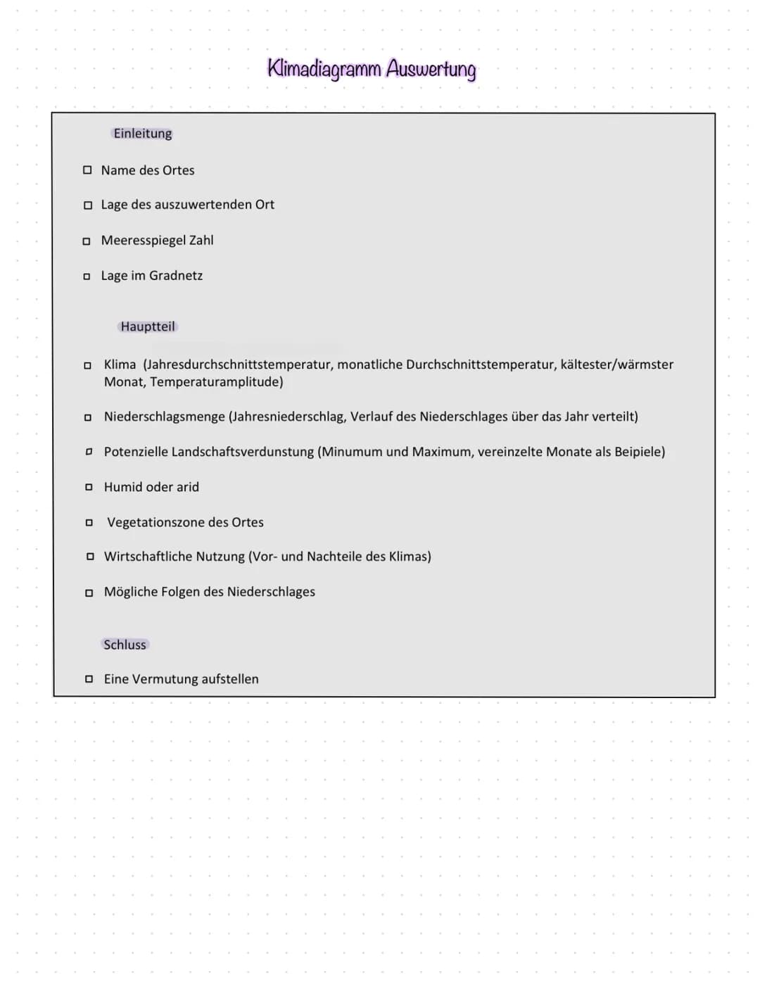 Einleitung
Name des Ortes
Lage des auszuwertenden Ort
Meeresspiegel Zahl
Lage im Gradnetz
Hauptteil
Klima (Jahresdurchschnittstemperatur, mo