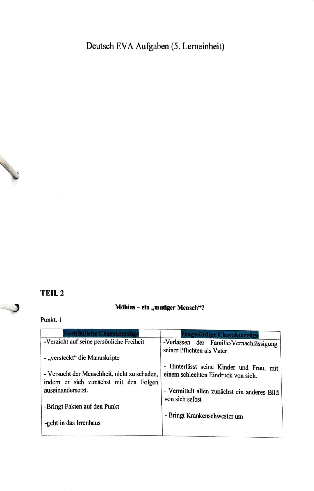 TEIL 2
Punkt. 1
Deutsch EVA Aufgaben (5. Lerneinheit)
Möbius- ein ,,mutiger Mensch"?
Vorbildliche Charakterzüge
-Verzicht auf seine persönli