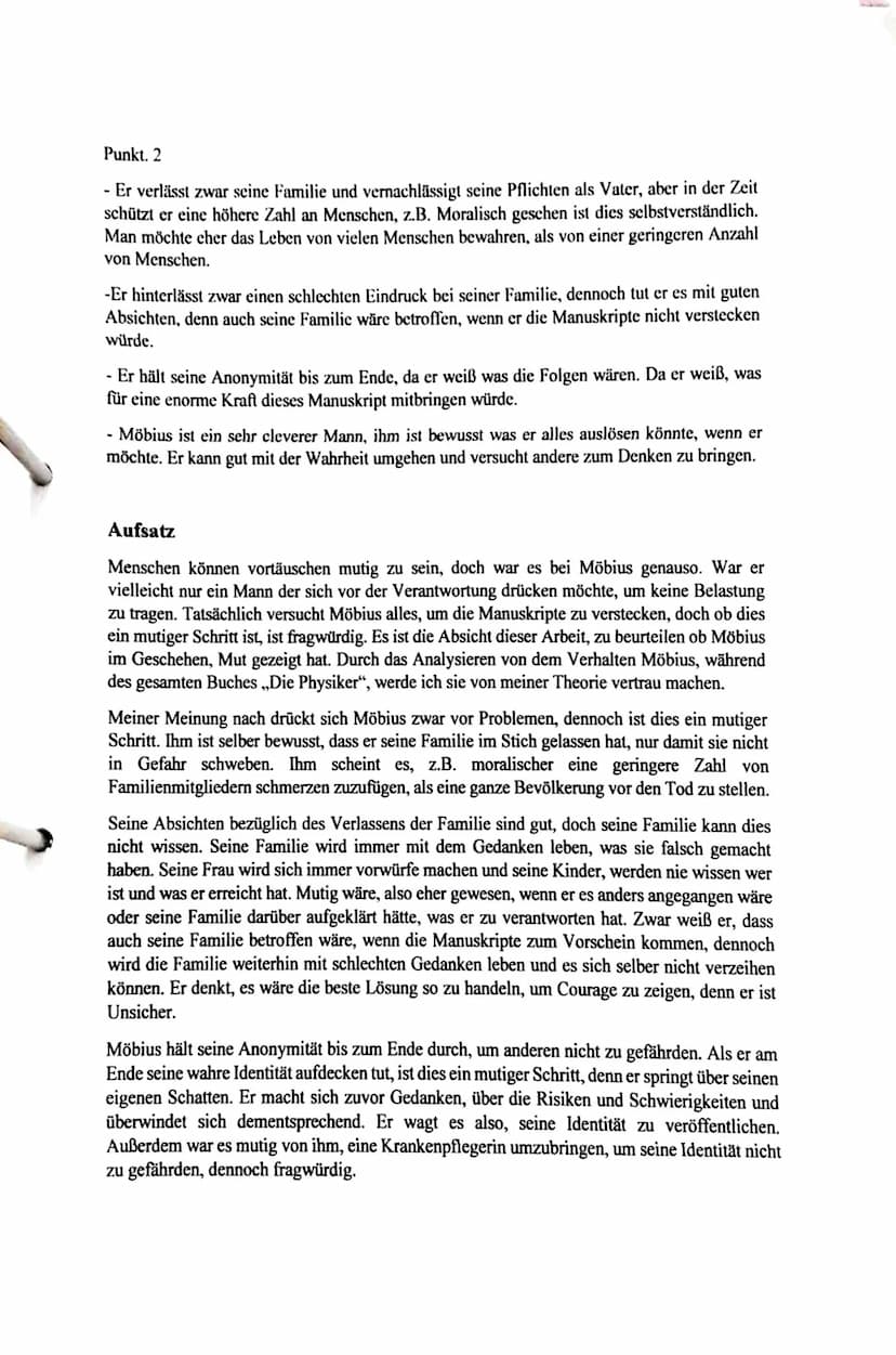 TEIL 2
Punkt. 1
Deutsch EVA Aufgaben (5. Lerneinheit)
Möbius- ein ,,mutiger Mensch"?
Vorbildliche Charakterzüge
-Verzicht auf seine persönli
