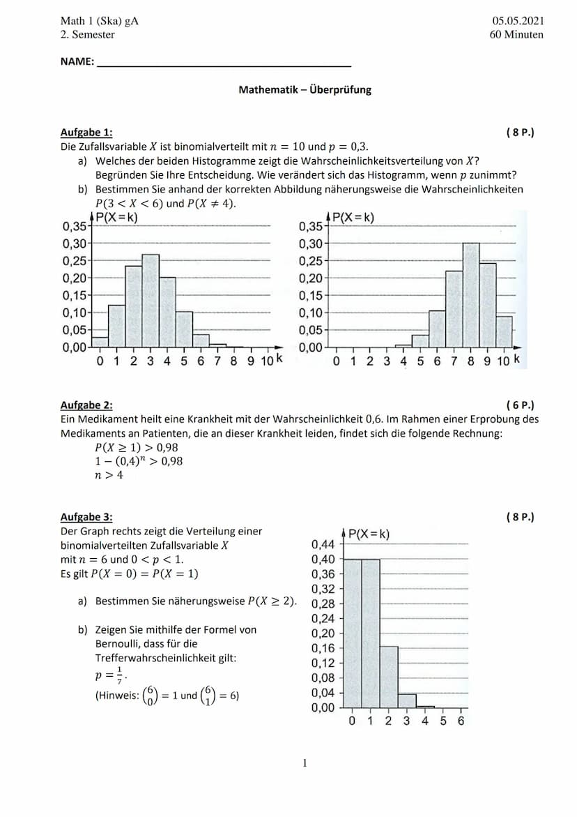 Math 1 (Ska) gA
2. Semester
NAME:
0,35+
0,30-
0,25-
0,20-
0,15-
0,10-
0,05-
0,00-
Mathematik - Überprüfung
Aufgabe 1:
Die Zufallsvariable X 