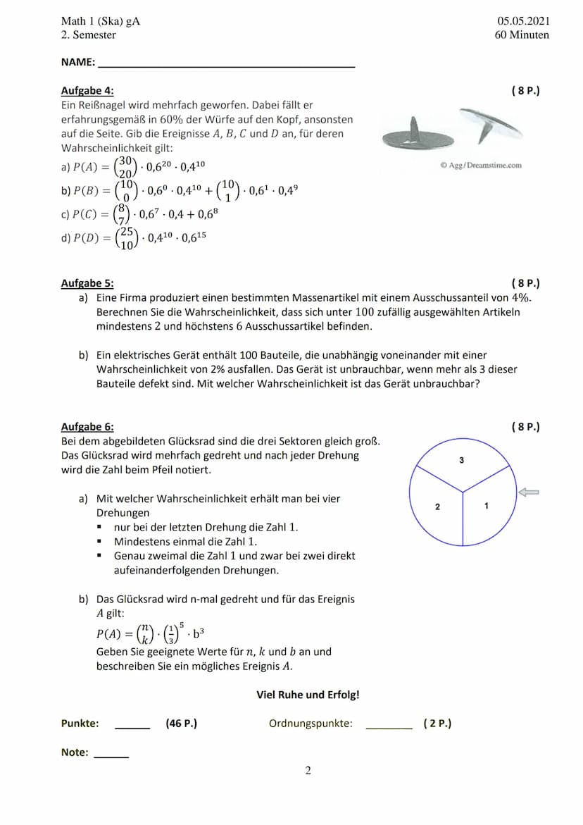 Math 1 (Ska) gA
2. Semester
NAME:
0,35+
0,30-
0,25-
0,20-
0,15-
0,10-
0,05-
0,00-
Mathematik - Überprüfung
Aufgabe 1:
Die Zufallsvariable X 