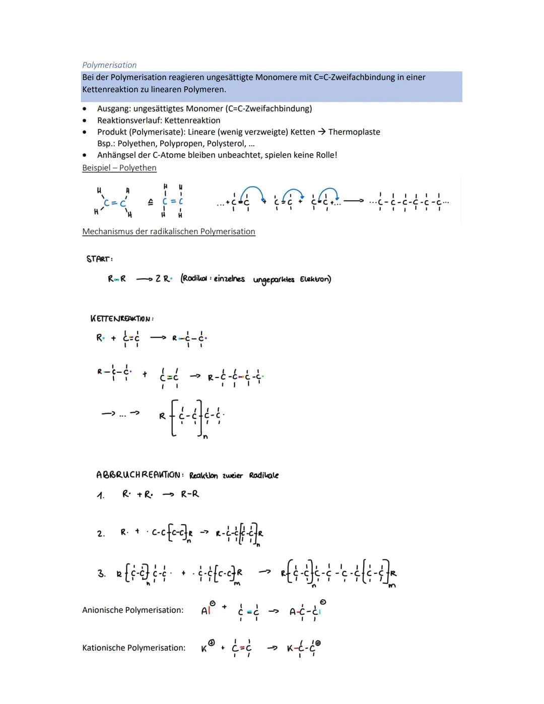 Kunststoffe
Aufbau
Kunststoffe bestehen aus Makromolekülen
Bei Synthese reagieren gleiche Grundbausteine, die Monomere zu Polymeren
Eigensch