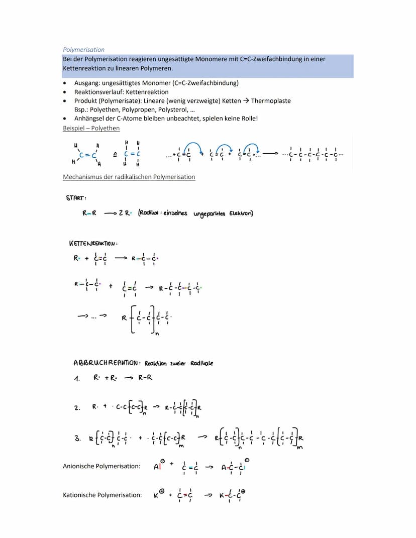 Kunststoffe
Aufbau
Kunststoffe bestehen aus Makromolekülen
Bei Synthese reagieren gleiche Grundbausteine, die Monomere zu Polymeren
Eigensch