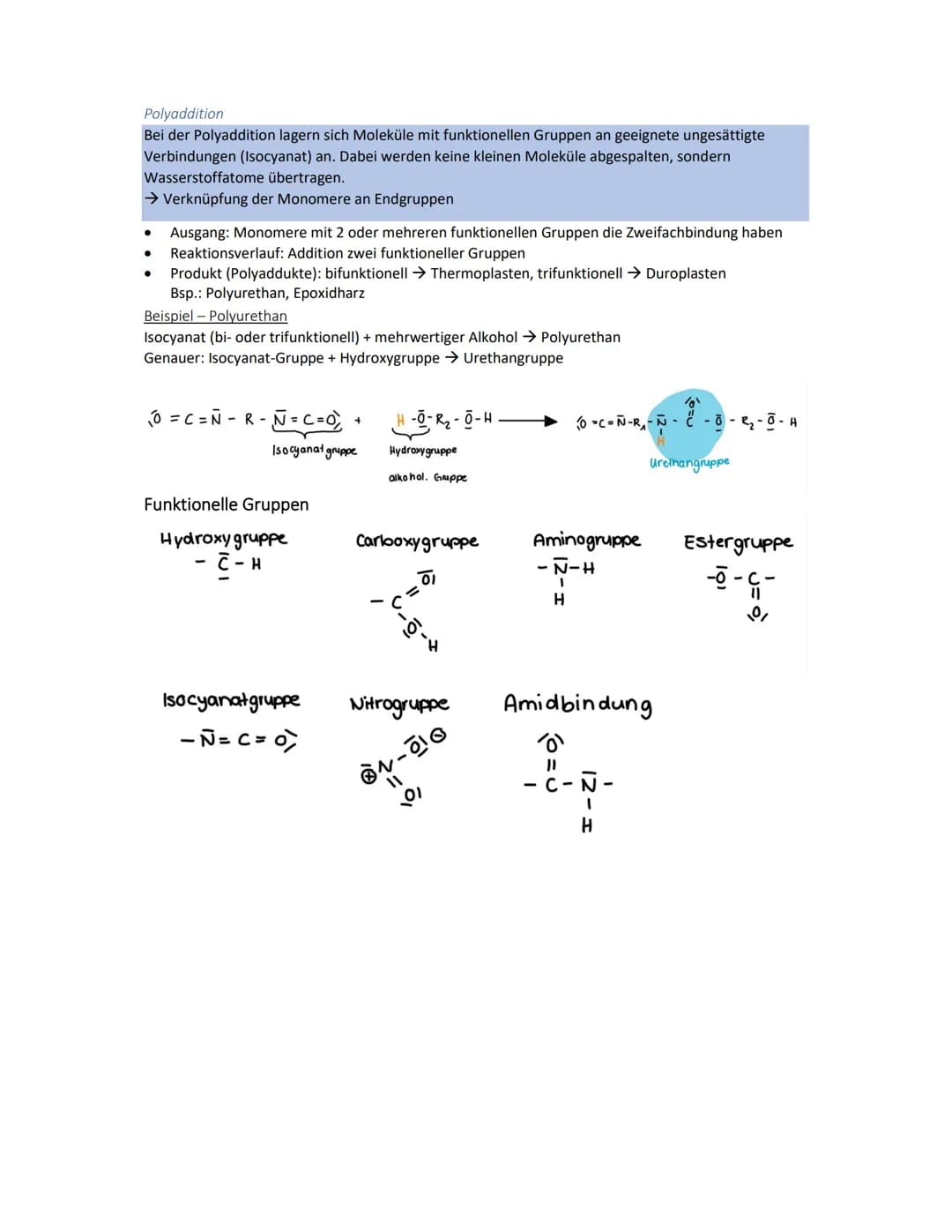 Kunststoffe
Aufbau
Kunststoffe bestehen aus Makromolekülen
Bei Synthese reagieren gleiche Grundbausteine, die Monomere zu Polymeren
Eigensch