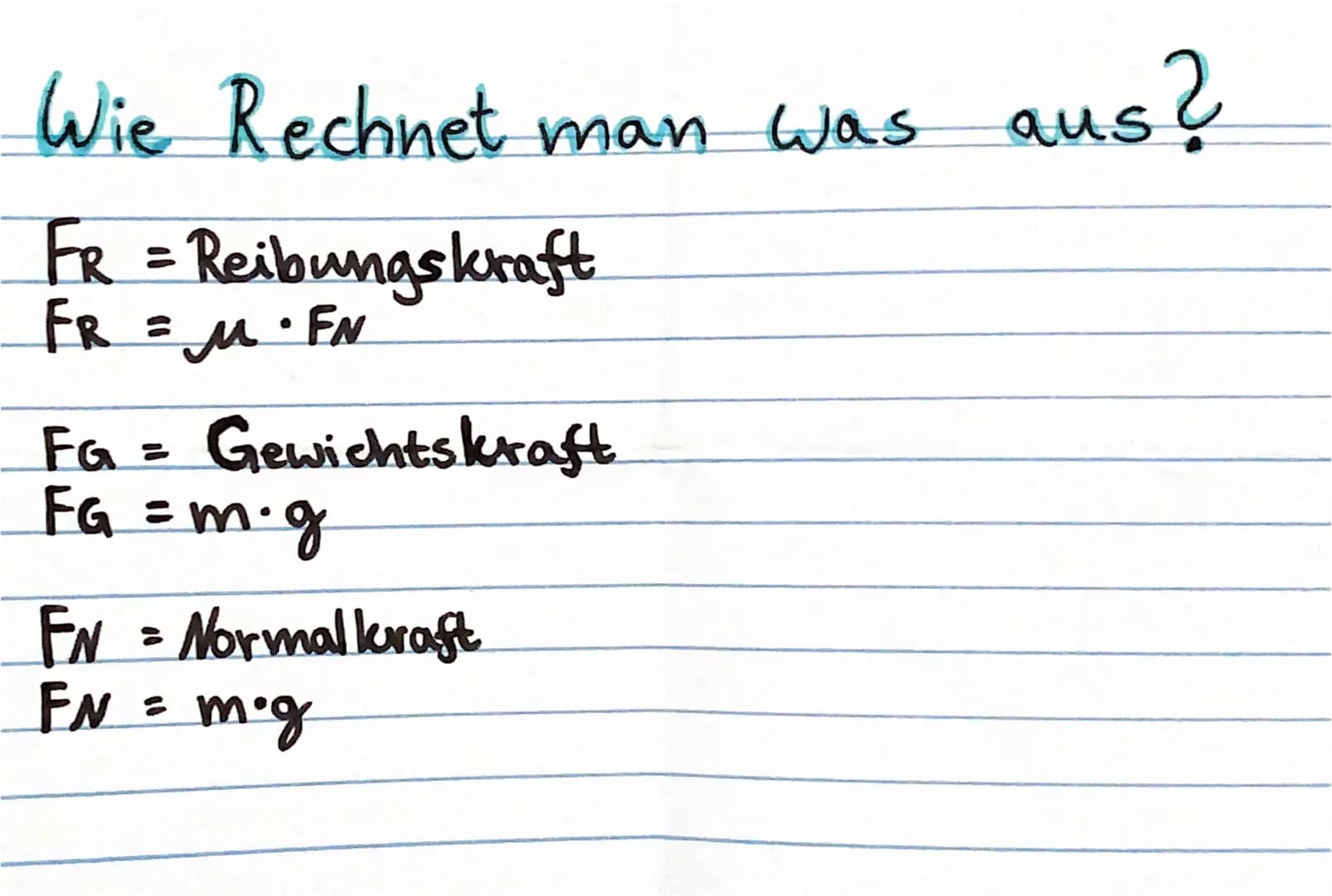 Wie Rechnet man was aus?
FR = Reibungskraft
FR = μ· FN
FG = Gewichtskraft.
FG = m. g
FN = Normalkraft
FN = mog M = Reibungszahl
M
FR
FG
F₂ =