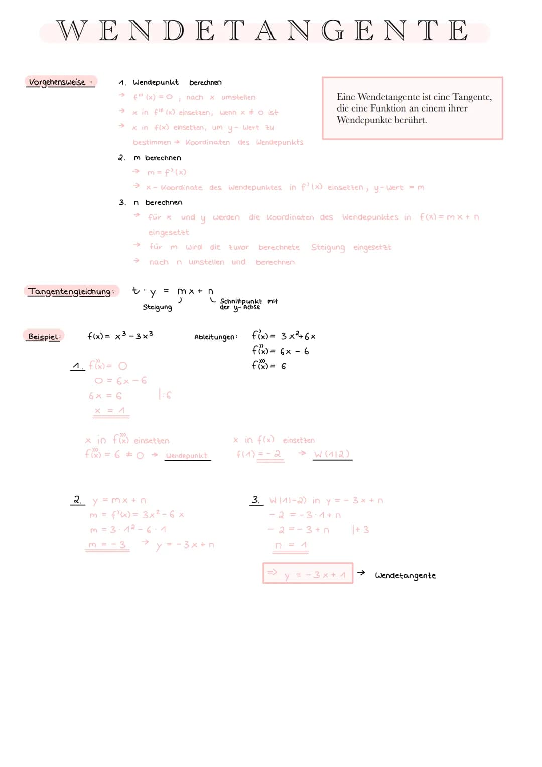 WENDETANGENTE
Vorgehensweise:
Tangentengleichung.
Beispiel:
1. Wendepunkt berechnen
f(x) = 0; nach x
umstellen
x in f (x) einsetzen, wenn xo