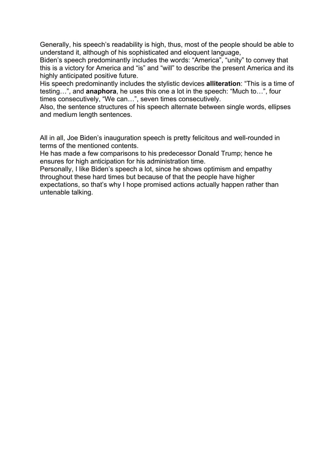 Analysis of a political speech
On Wednesday, January 21, 2021, Joe Biden's presidential inauguration as the 46th
president of the United Sta