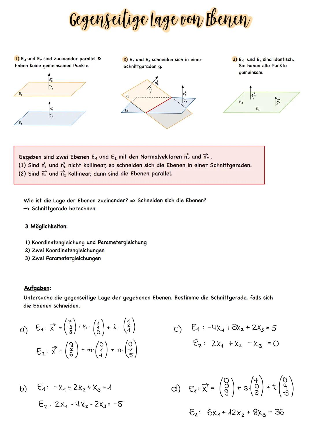  Gegenseitige Lage von thenen
06.10.22 1) E₁ und E₂ sind zueinander parallel &
haben keine gemeinsamen Punkte.
E₂
Gegenseitige Lage von Eben
