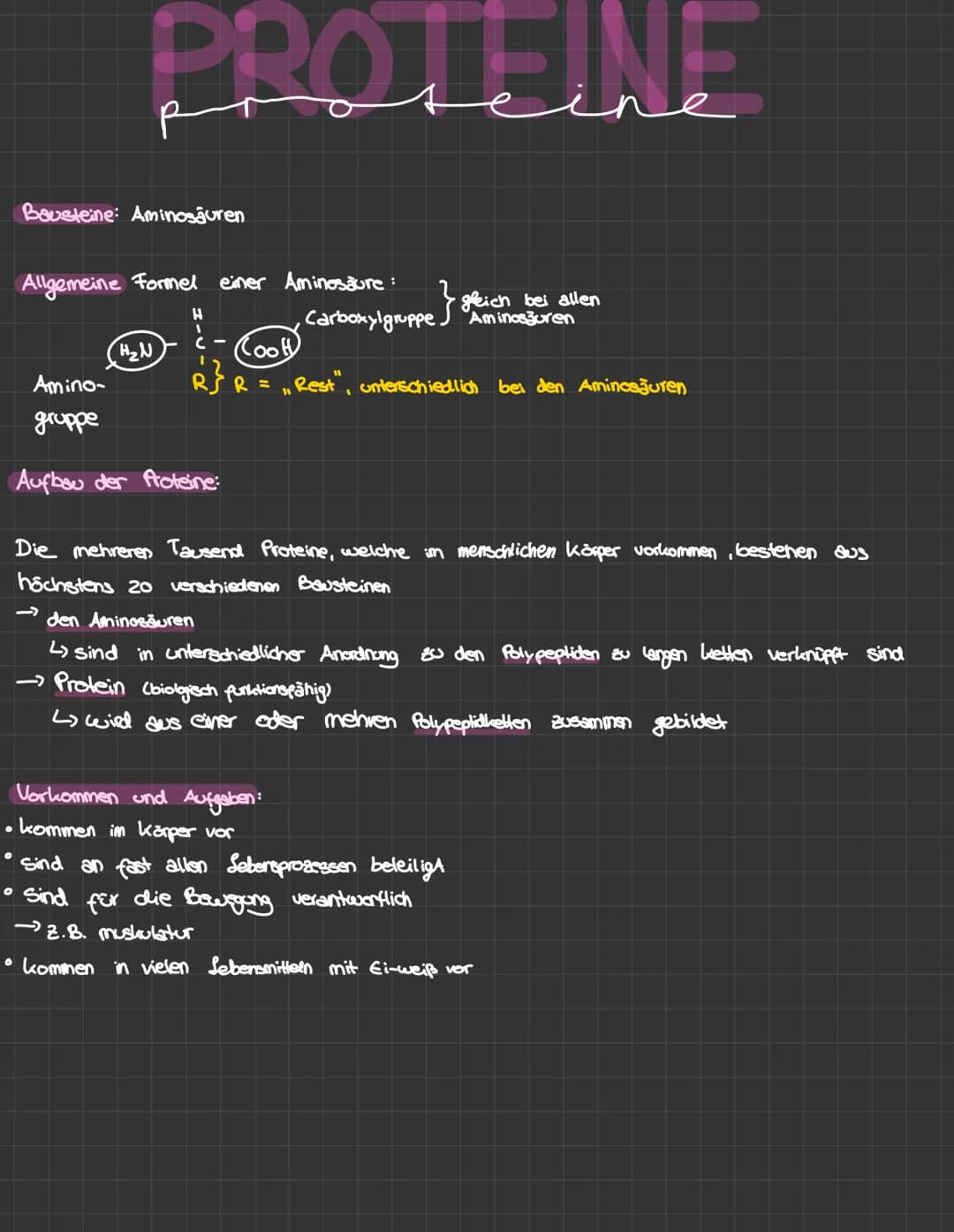 PROTEINE
Bausteine: Aminosauren
Allgemeine Formel einer Aminosäure:
H₂N
H
Amino-
gruppe
Aufbau der Proteine:
Carboxylgruppe.
gleich bei alle