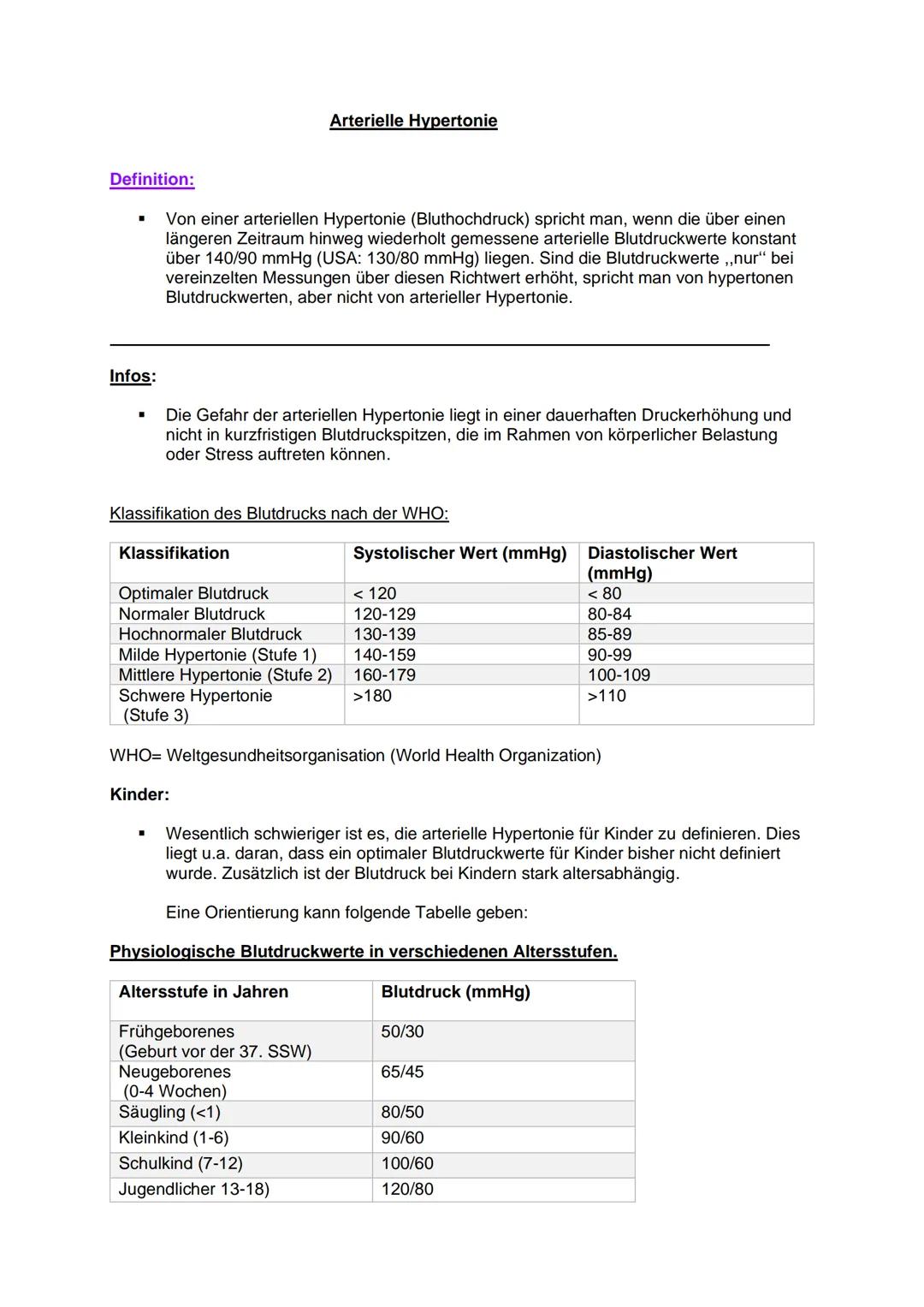Definition:
■
Infos:
Von einer arteriellen Hypertonie (Bluthochdruck) spricht man, wenn die über einen
längeren Zeitraum hinweg wiederholt g