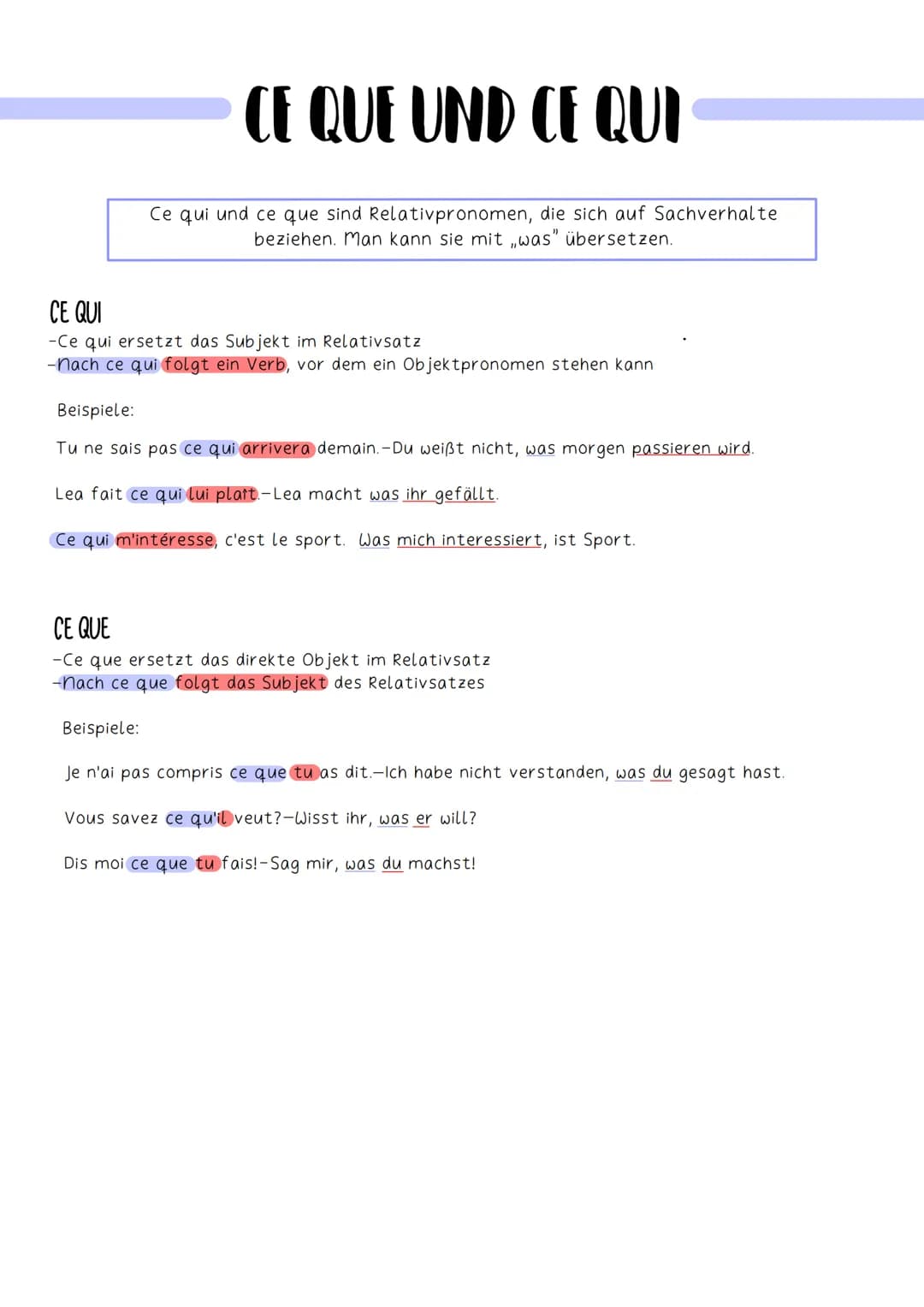 CE QUE UND CE QUI
Ce qui und ce que sind Relativpronomen, die sich auf Sachverhalte
beziehen. Man kann sie mit ,was" übersetzen.
CE QUI
-Ce 