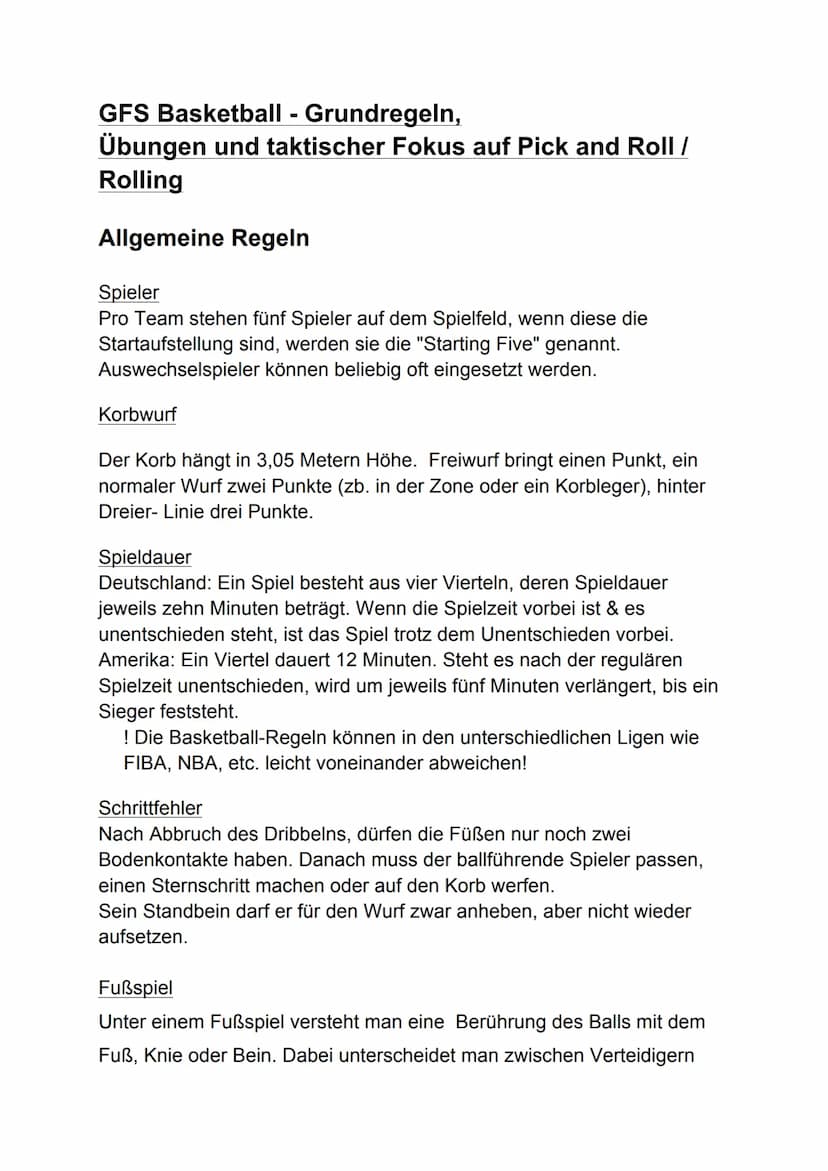 GFS Basketball - Grundregeln,
Übungen und taktischer Fokus auf Pick and Roll / Rolling
Allgemeine Regeln
Spieler
Startaufstellung genannt „S