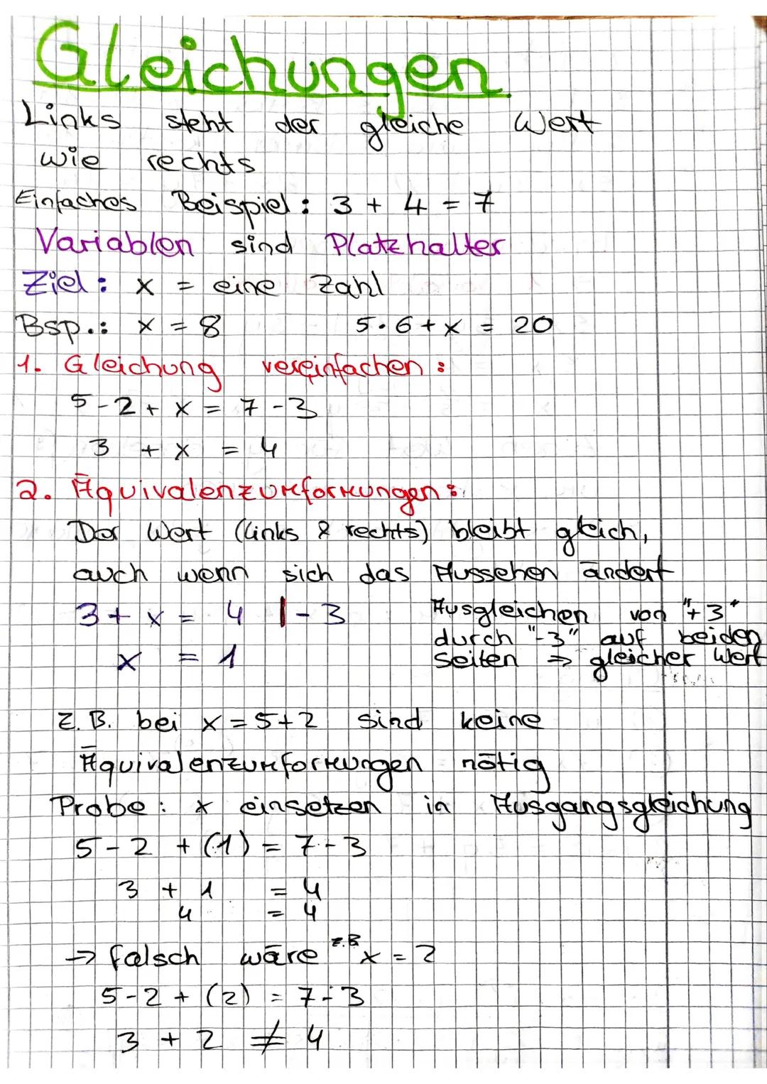 # Gleichungen

Links steht der gleiche Wert
wie rechts

Einfaches Beispiel: 3 + 4 = 7

Variablen sind Platz halter

Ziel: x = eine Zahl

Bsp