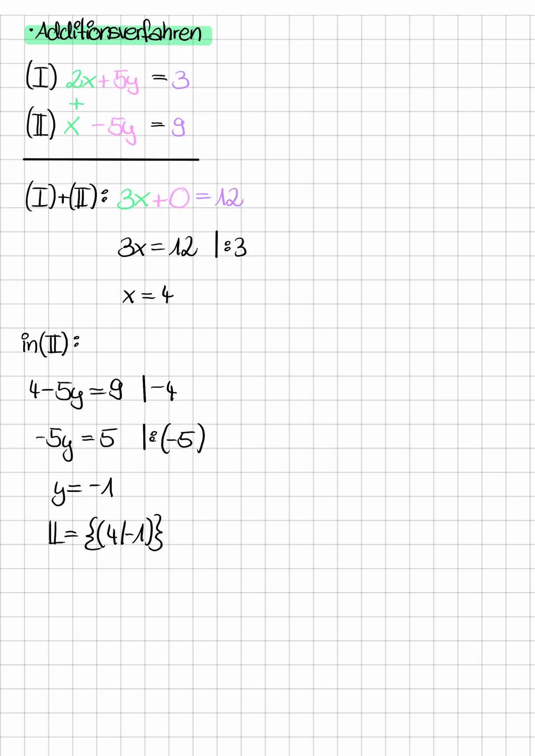 Lineare Gleichungssysteme

Beispiel:

zwei Unbekannte: x: Alter der Mädchen
y: Alter von Dominik

(I) 2x+y=43
}
2 Unbekannte; 2 Gleichungen
