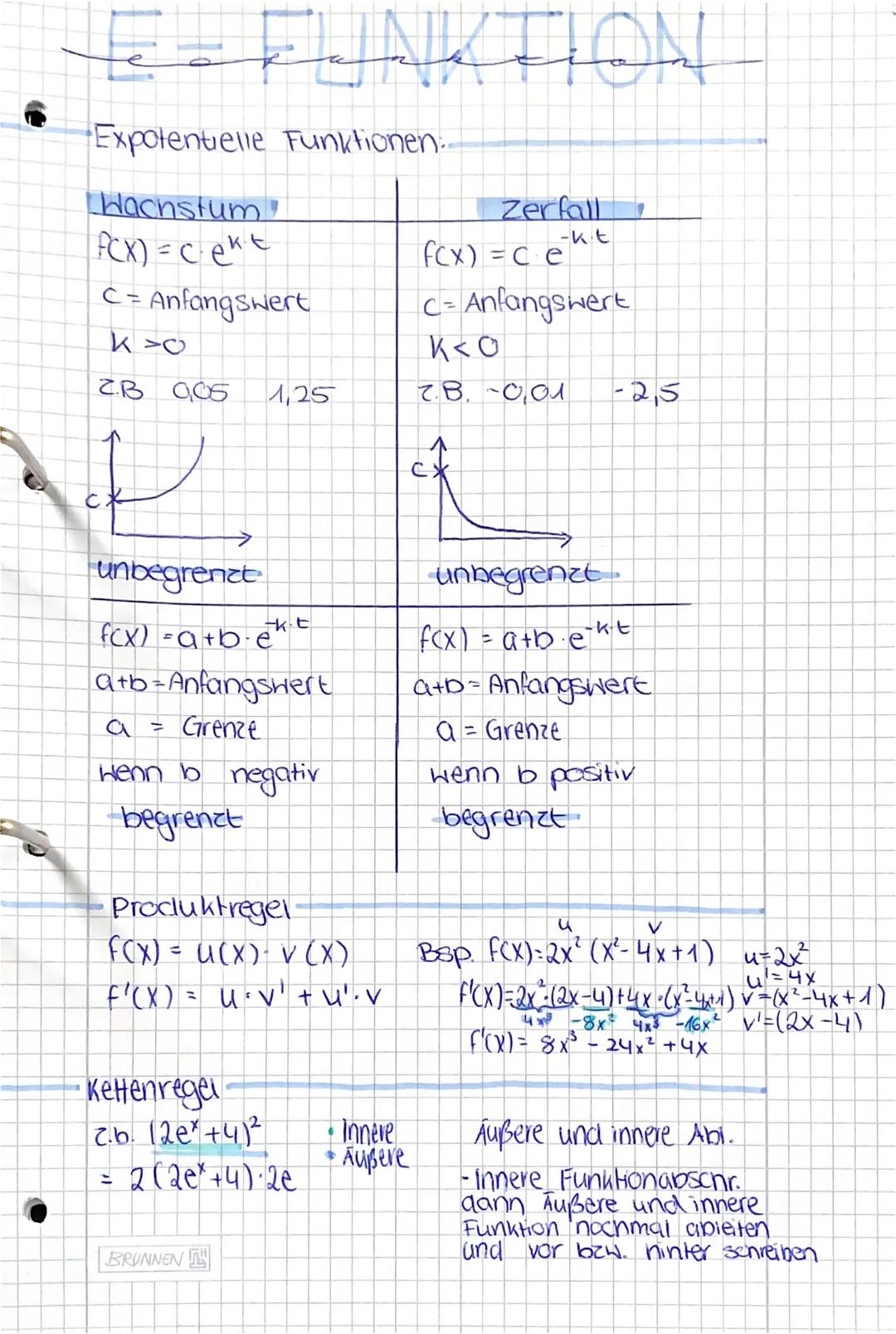 # E=FONKFION-

Expotentielle Funktionen:

| Wachstum | Zerfall |
| ----------- | ----------- |
| FCX)=ce^{kt} | f(x) = ce^{-kt} |
| C = Anfa