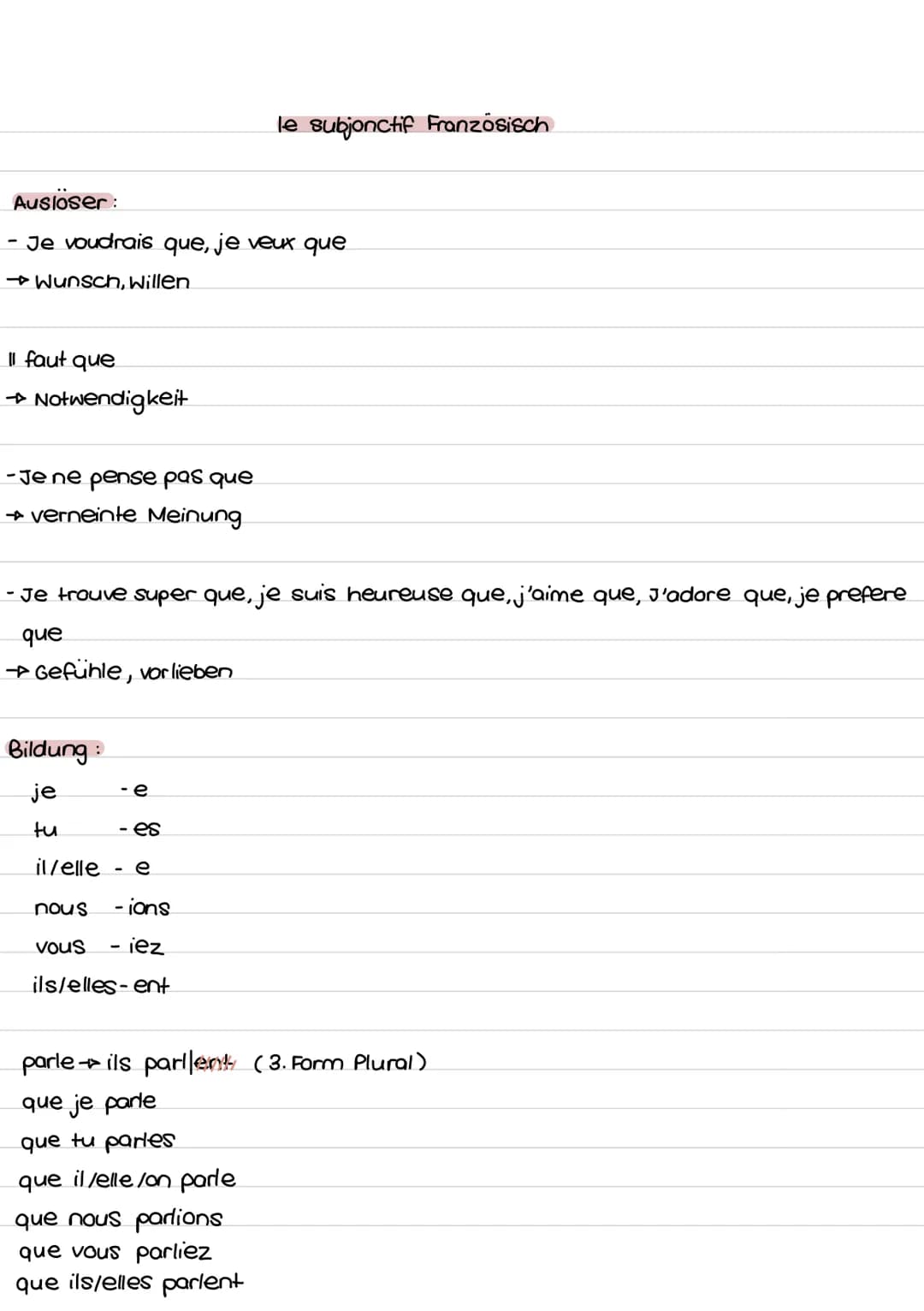 Auslöser:
Je voudrais que, je veux que
→ Wunsch, Willen
Il faut que
→→ Notwendigkeit
-Je ne pense pas que
→ verneinte Meinung
- Je trouve su