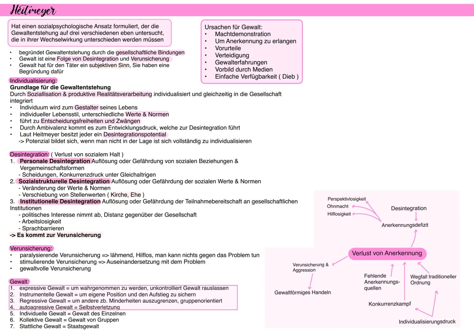 Heitmeyer
Hat einen sozialpsychologische Ansatz formuliert, der die
Gewaltentstehung auf drei verschiedenen eben untersucht,
die in ihrer We