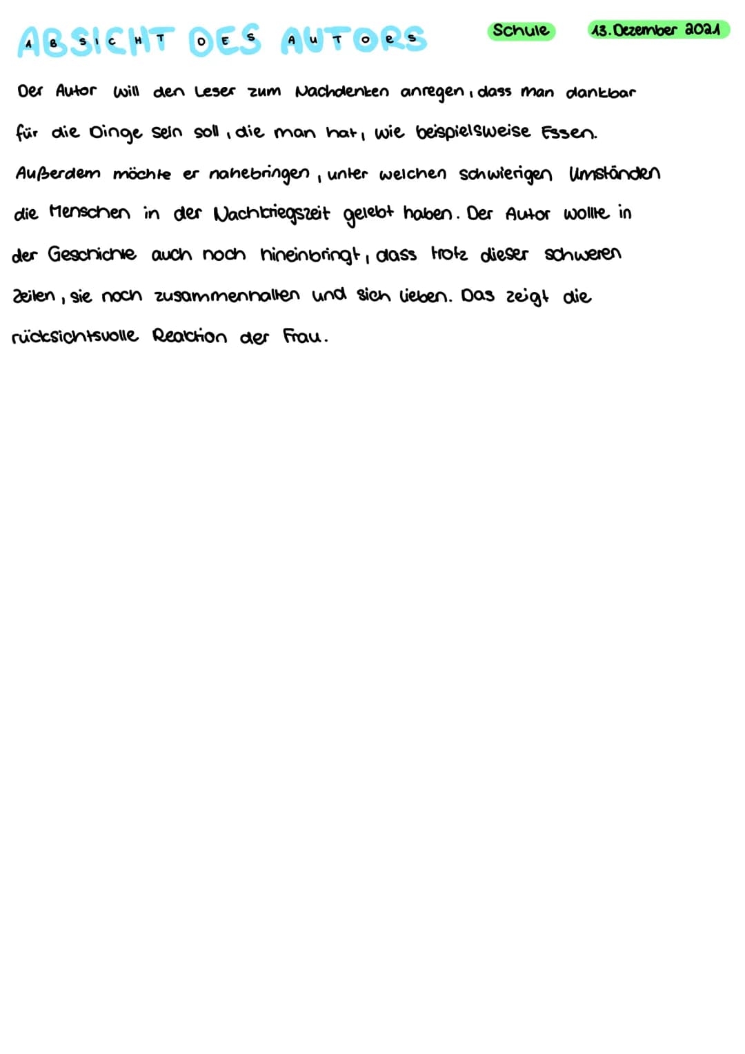  Schule
Dienstag, 7. Dezember
Textsortenbestimmung zur kurzgeschichte "Das Brot"
Bei dem Text handelt es sich um eine Kurzgeschichte da der
