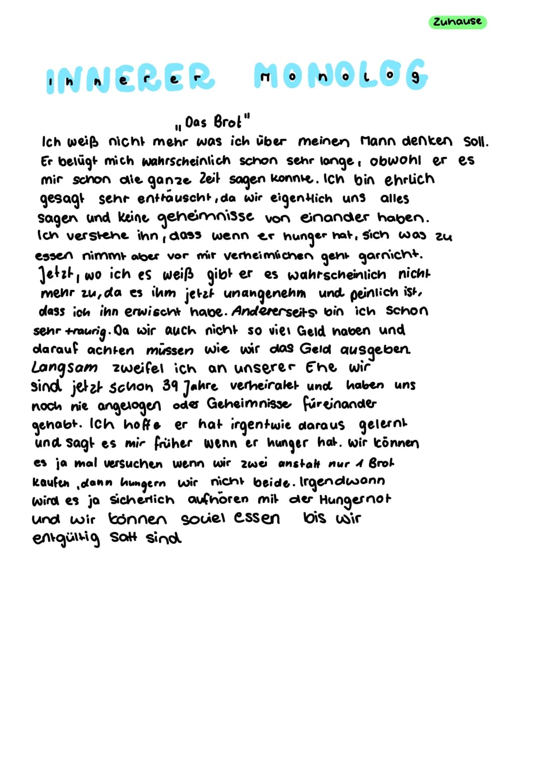  Schule
Dienstag, 7. Dezember
Textsortenbestimmung zur kurzgeschichte "Das Brot"
Bei dem Text handelt es sich um eine Kurzgeschichte da der
