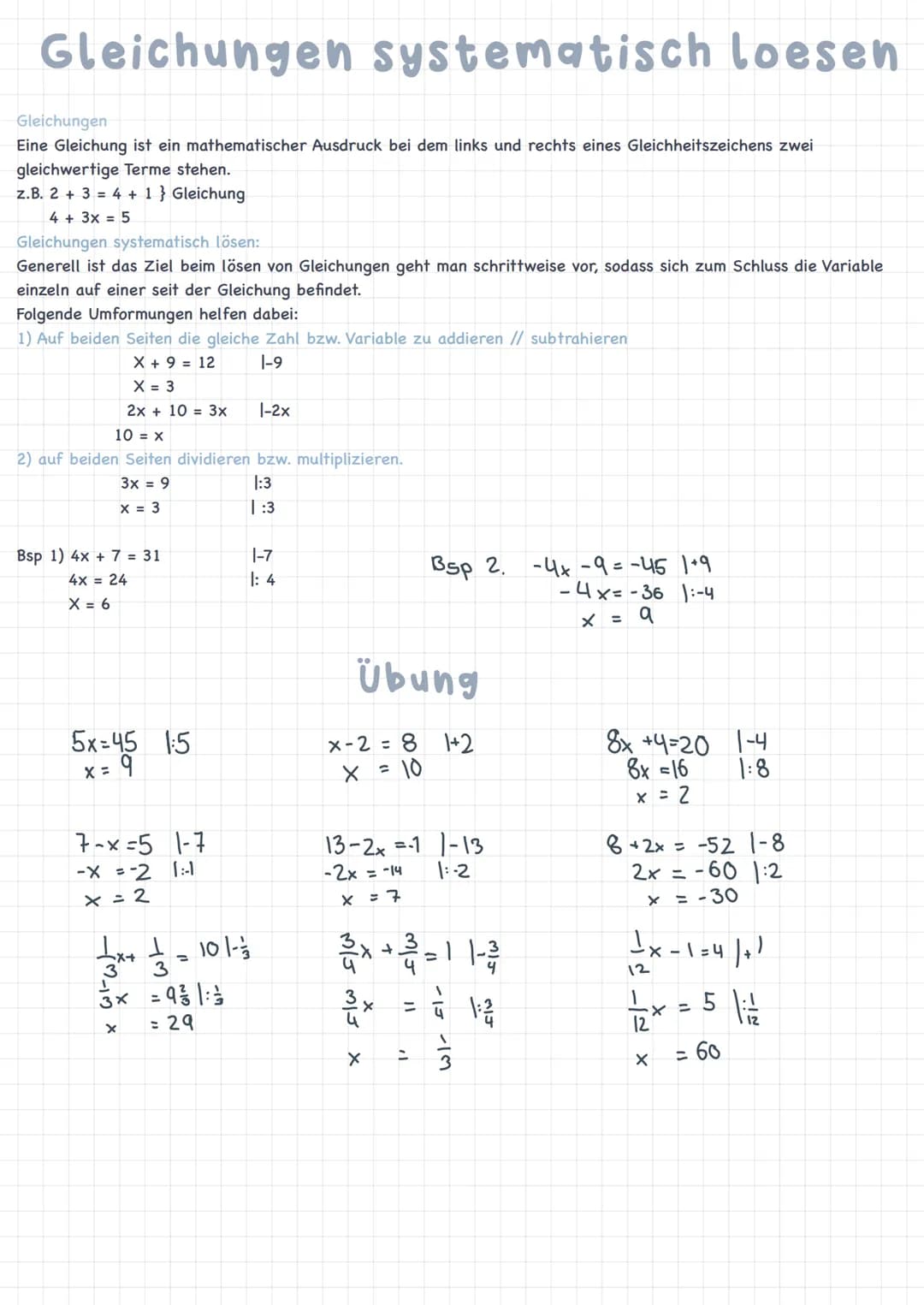 Gleichungen systematisch loesen
Gleichungen
Eine Gleichung ist ein mathematischer Ausdruck bei dem links und rechts eines Gleichheitszeichen