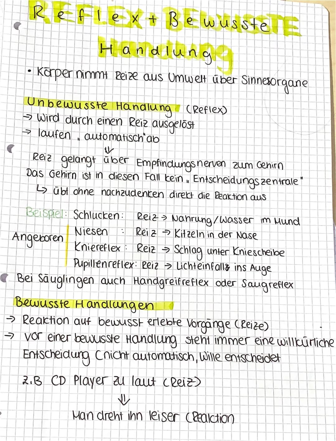 O
Reflex + Be wusste
wusste
Handlung
• Körper nimmt Reize aus Umwelt über Sinnesorgane
Unbewusste
→ Wird durch einen Reiz ausgelöst
→ laufen