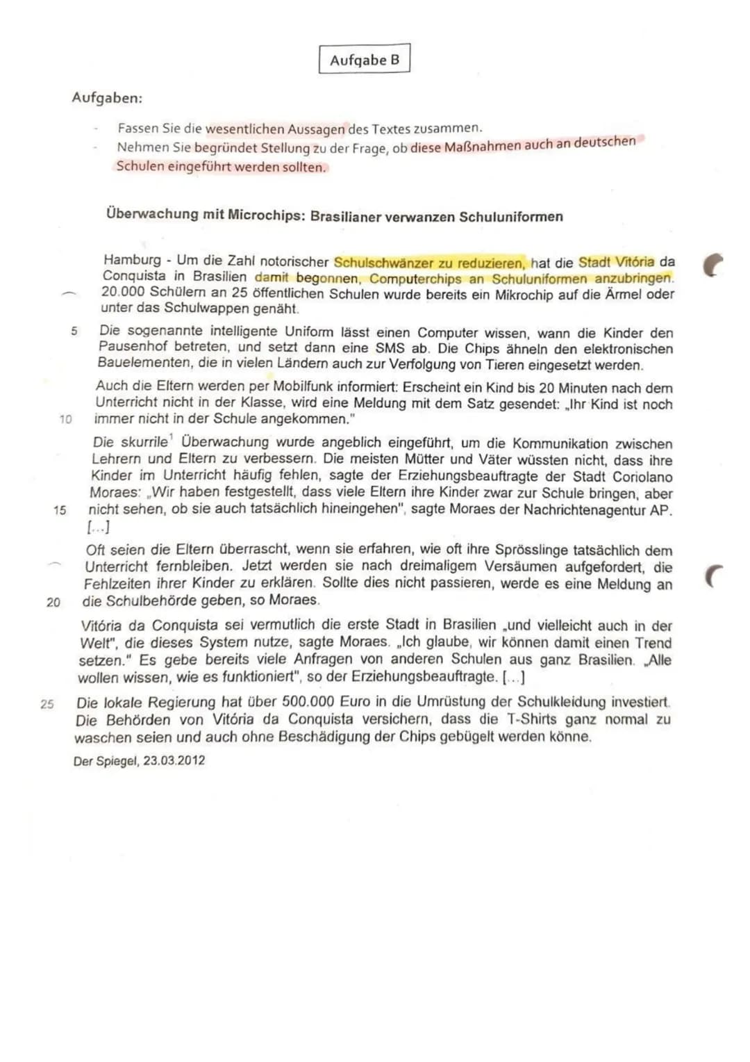 05
10
20
25
30
Aufgaben:
Bitte wählen Sie eine der beiden Aufgaben (A oder B) aus!
Aufgabe A
Fassen Sie die wesentlichen Aussagen der Autori