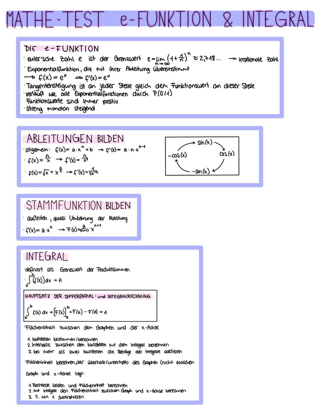 MATHE-TEST e-FUNKTION & INTEGRAL
DIE e-FUNKTION
euler'sche Zahl e ist der Grenzwert e=lim (1+1)^2 2,718... →irrationale Zahl
318
·Exponentia