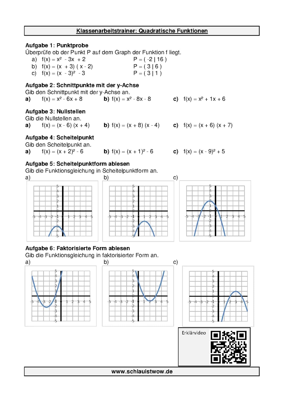 Quadratische Funktionen: Aufgaben und Lösungen für Klasse 9-11 PDF
