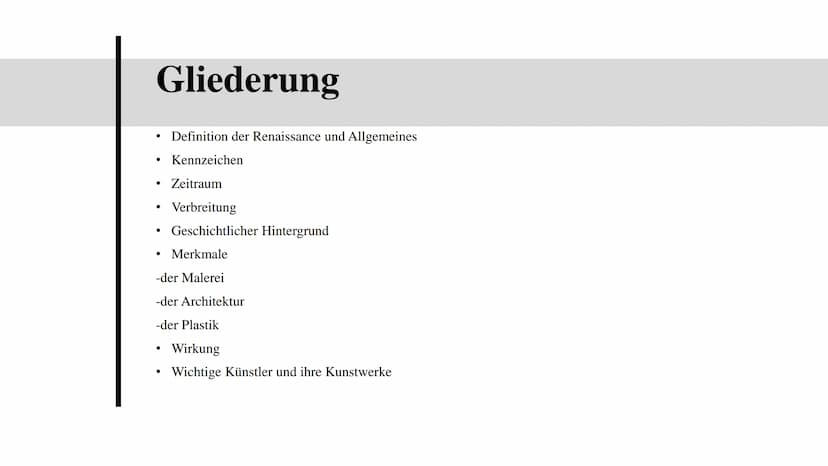 Renaissance
Eine Präsentation von Gleranda Altu Gliederung
●
●
Definition der Renaissance und Allgemeines
Kennzeichen
●
Zeitraum
Verbreitung