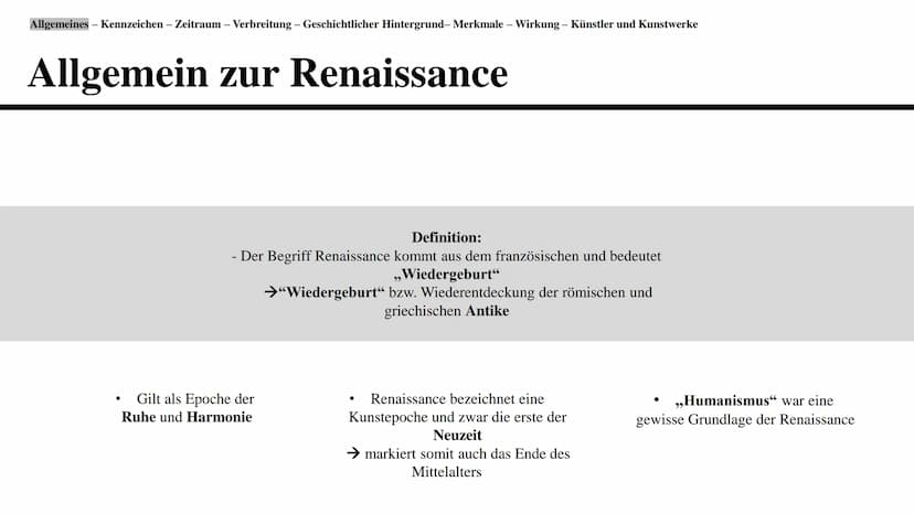 Renaissance
Eine Präsentation von Gleranda Altu Gliederung
●
●
Definition der Renaissance und Allgemeines
Kennzeichen
●
Zeitraum
Verbreitung